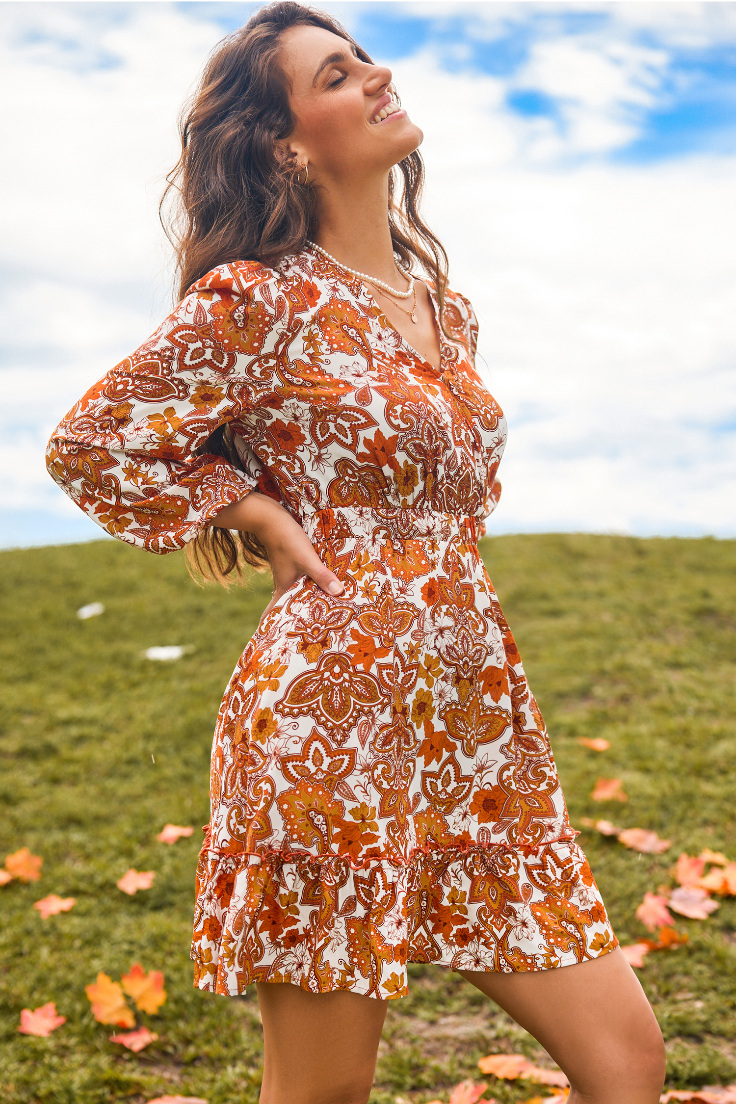 Retro Orange Floral Surplice Blouson Sleeve Dress