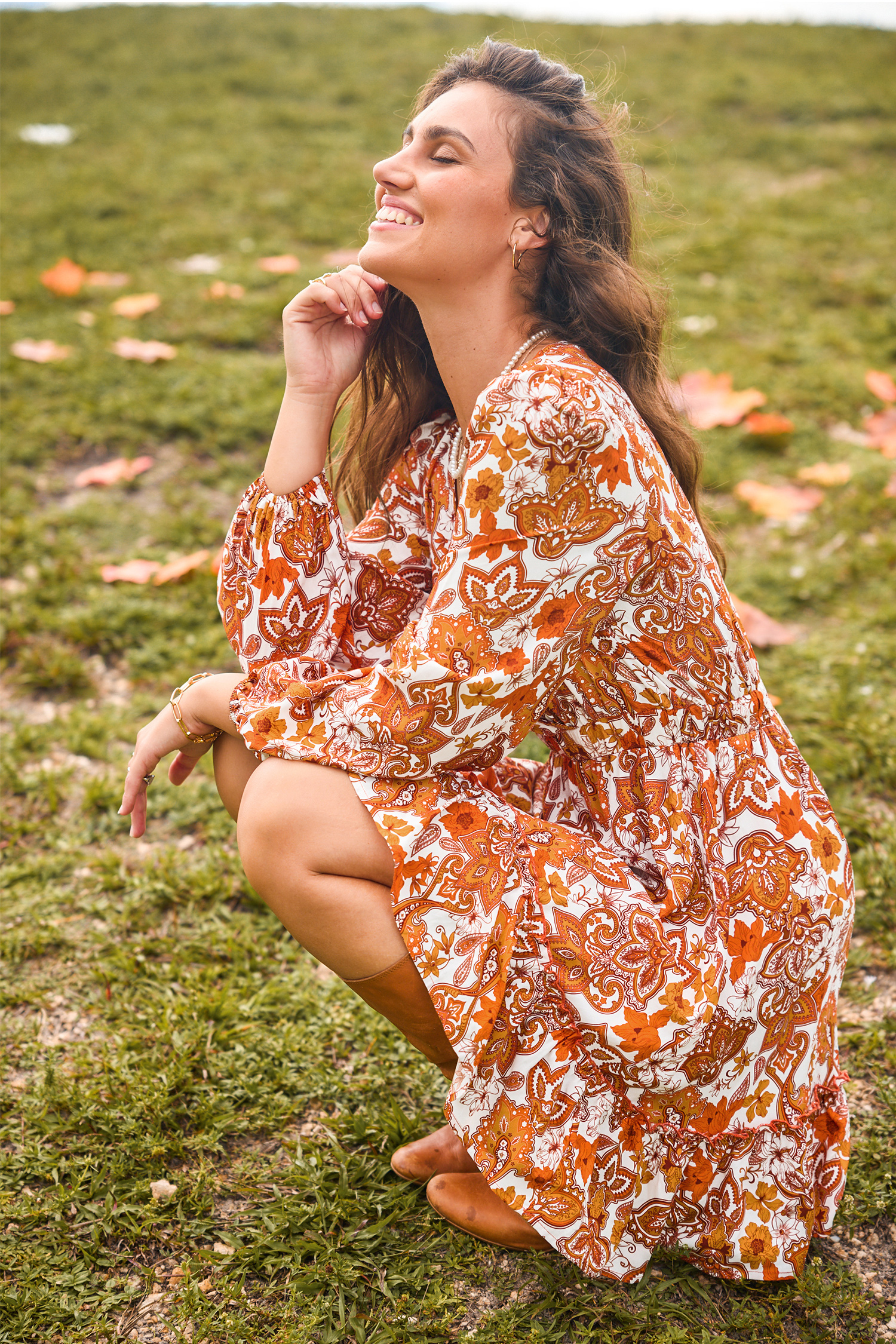Retro Orange Floral Surplice Blouson Sleeve Dress
