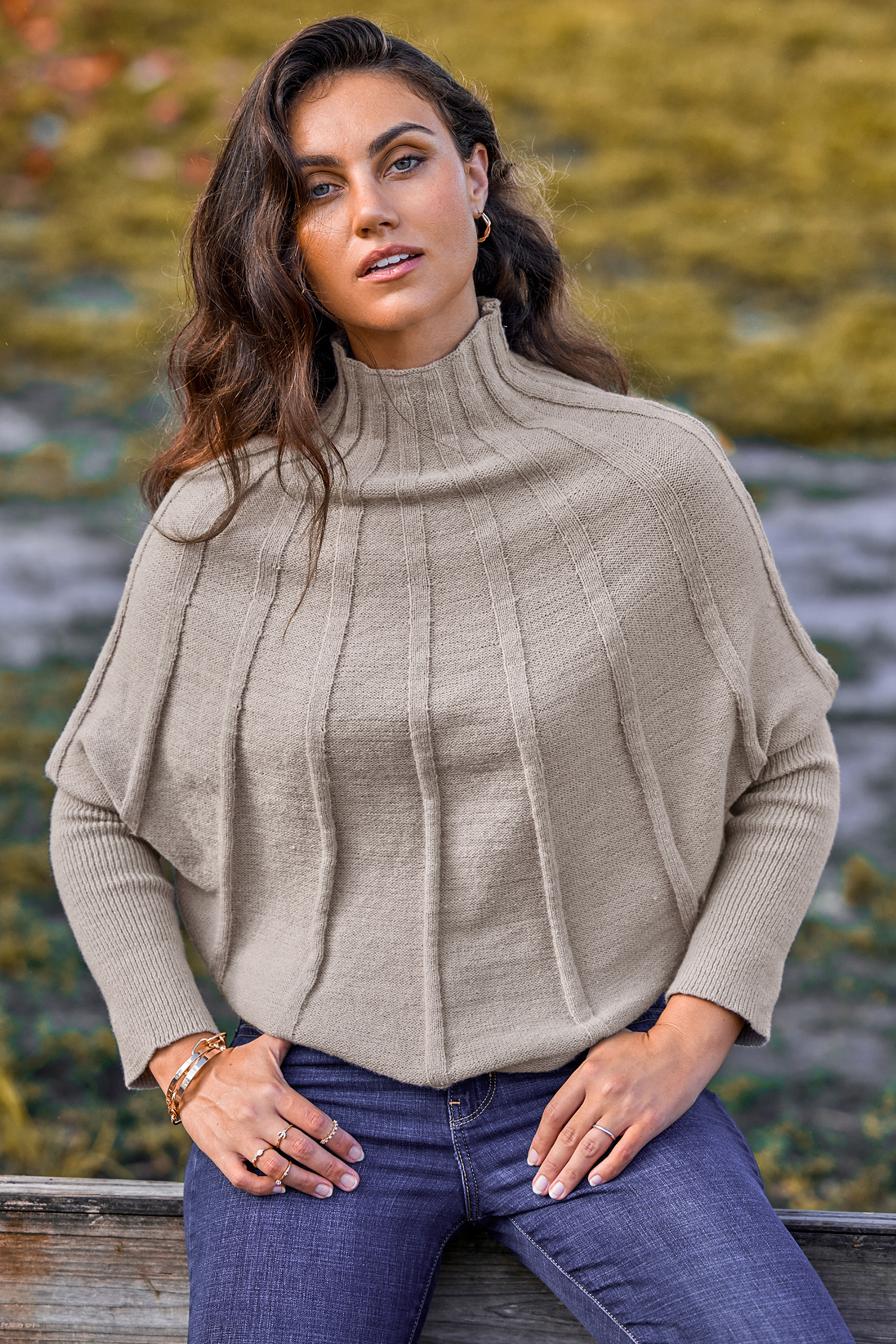 Khaki Ribbed Turtleneck Gigot Sweater