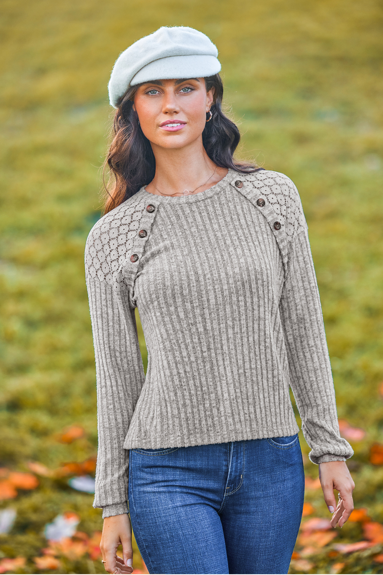 Khaki Langarm-T-Shirt mit Spitzen-Schultern