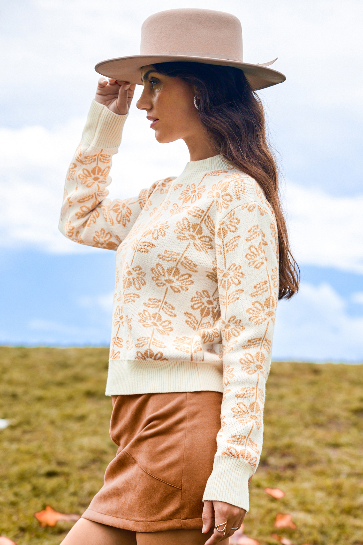 Floral Knit Round Neck Drop Shoulder Sweater