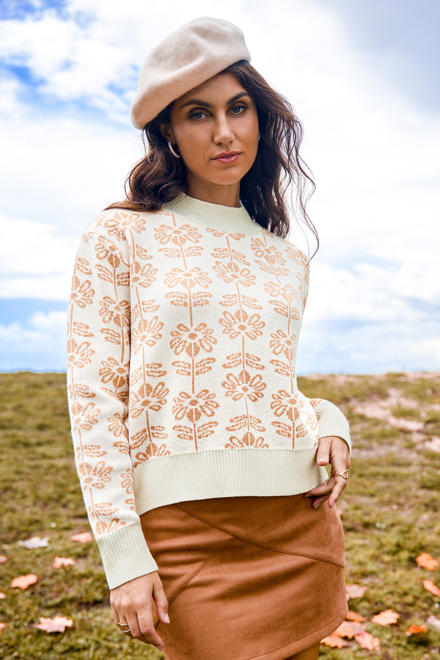 Floral Knit Round Neck Drop Shoulder Sweater