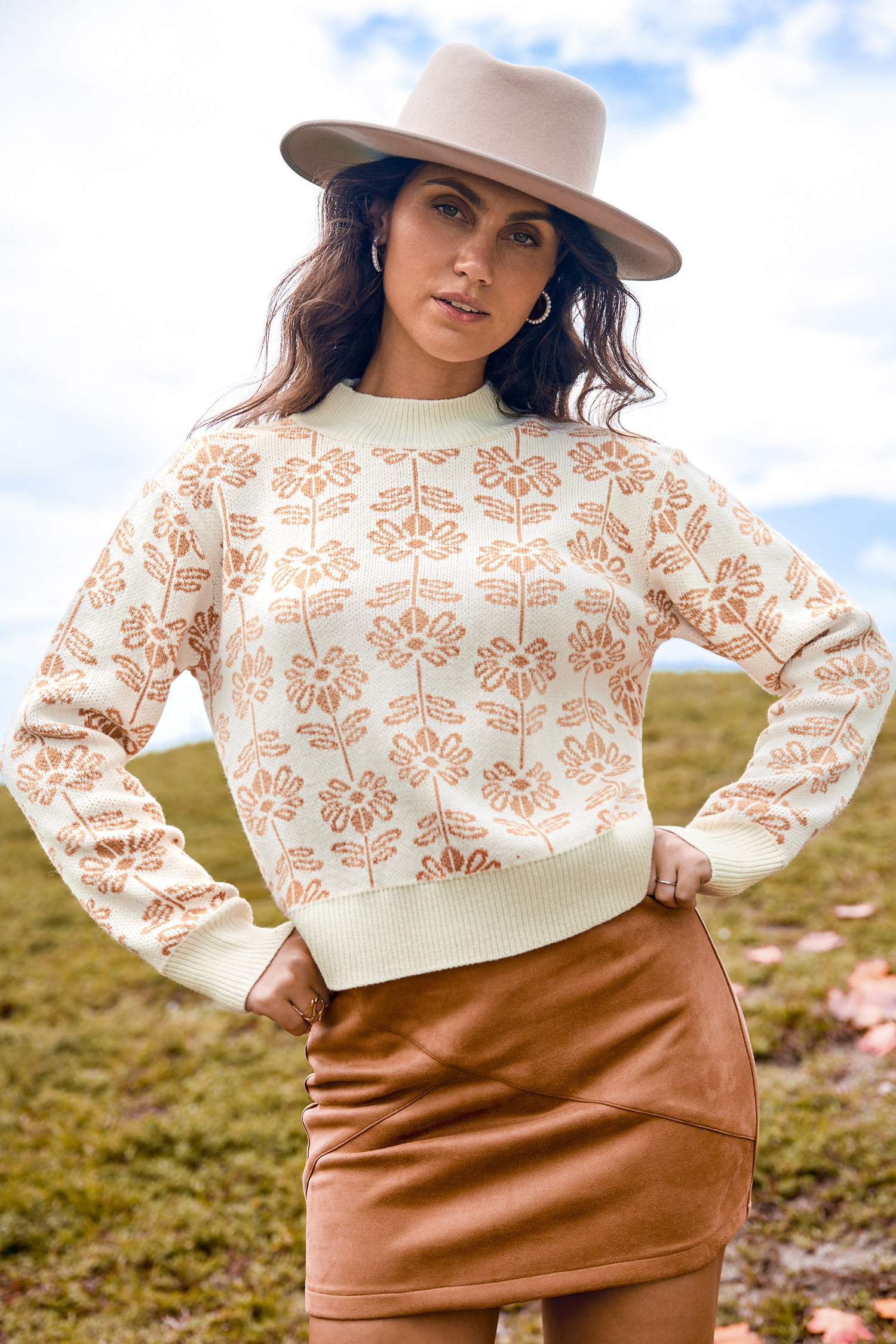 Floral Knit Round Neck Drop Shoulder Sweater