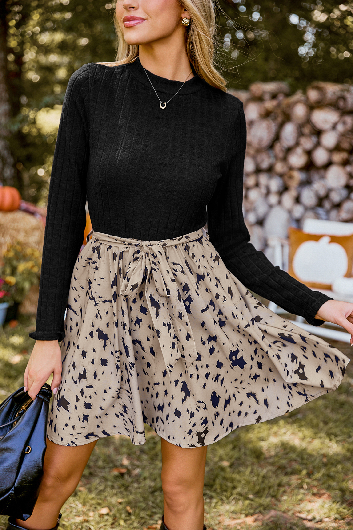 Black Ribbed Knit Top & Animal Print Skirt Mini Dress