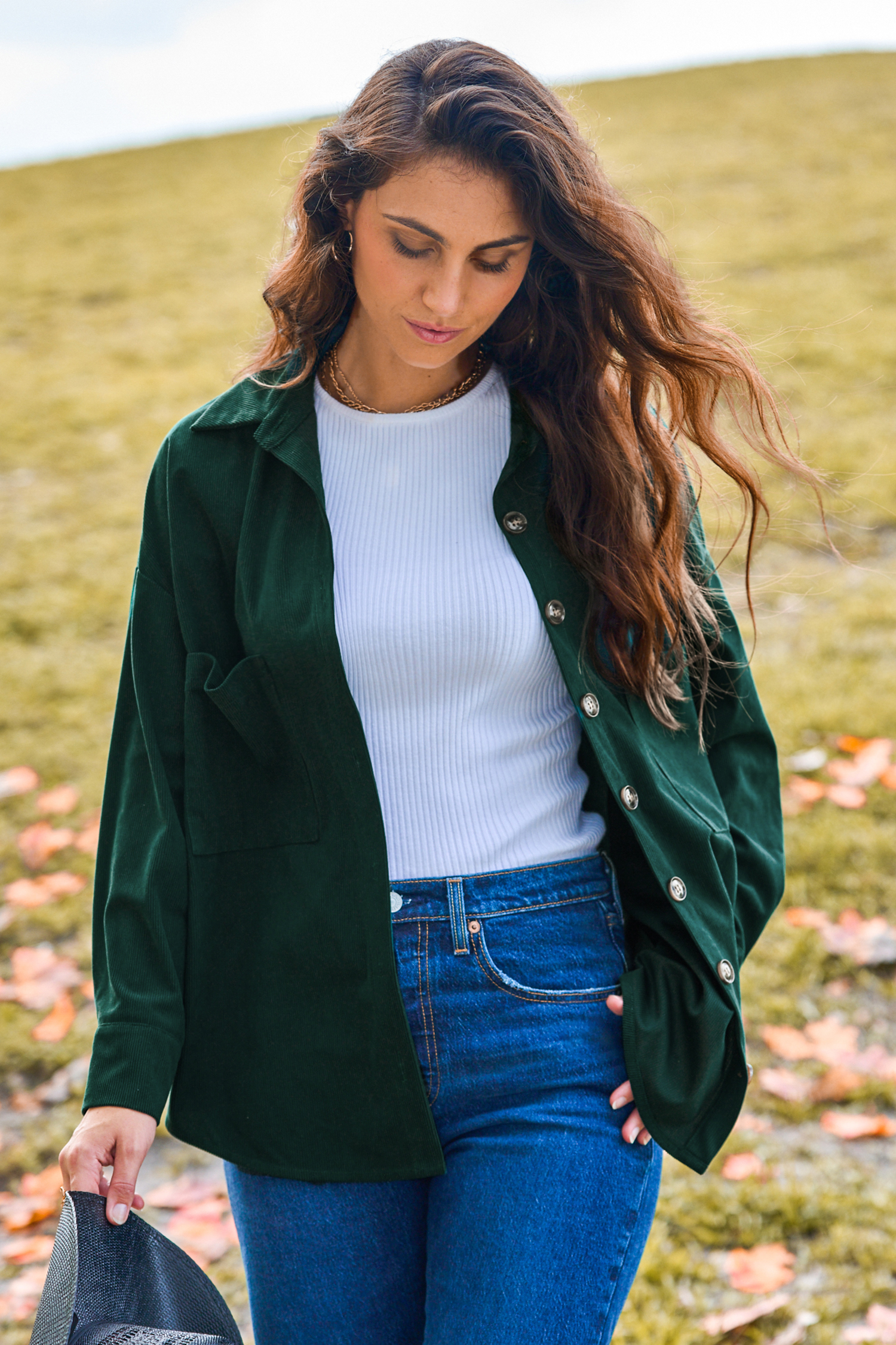 Groene kraag lange mouw patch zak shacket