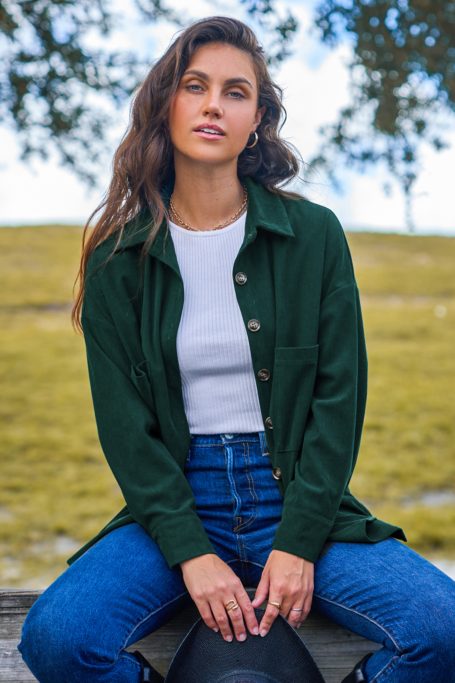 Groene kraag lange mouw patch zak shacket