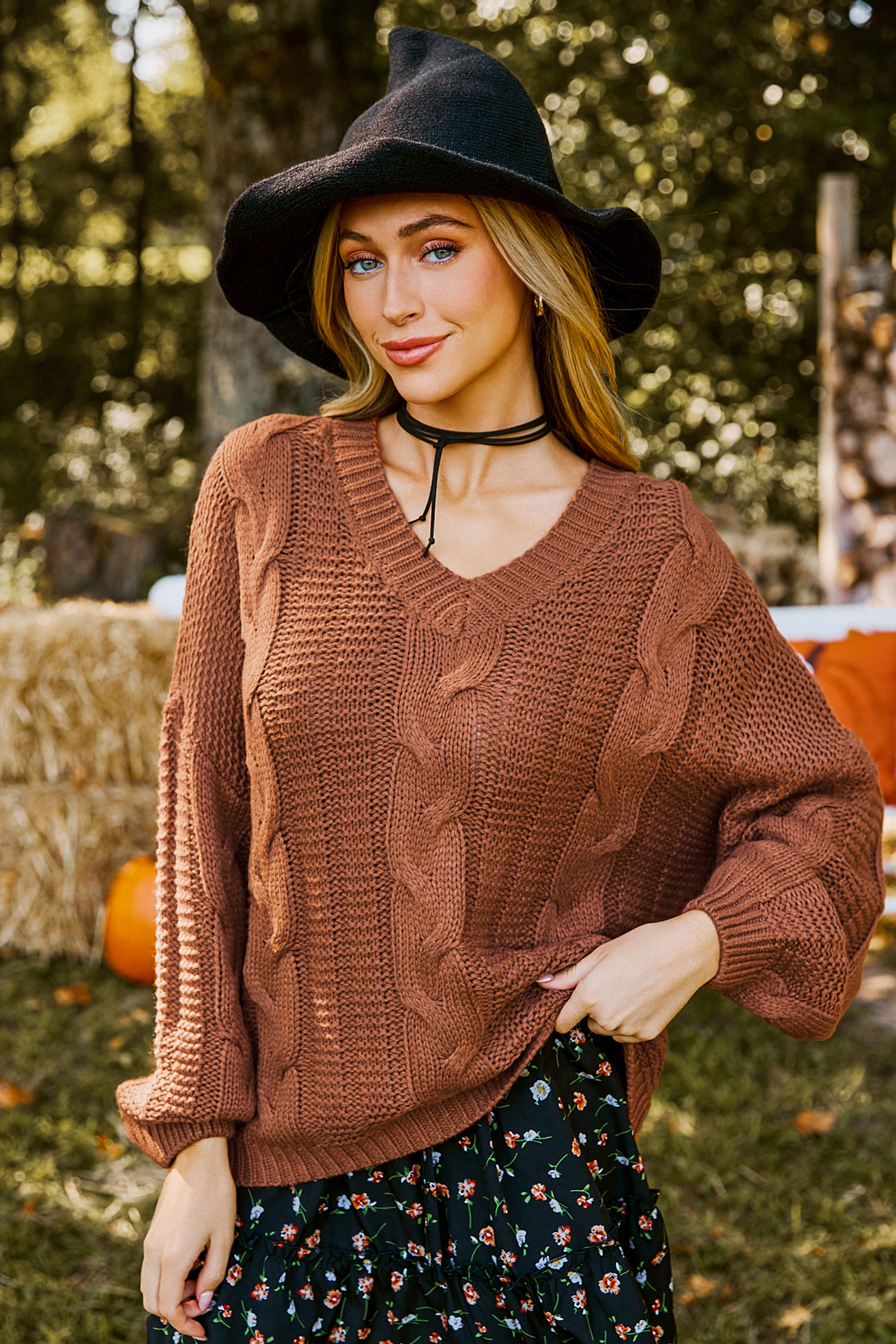 Orange V-Neck Long Sleeve Cable Knit Sweater