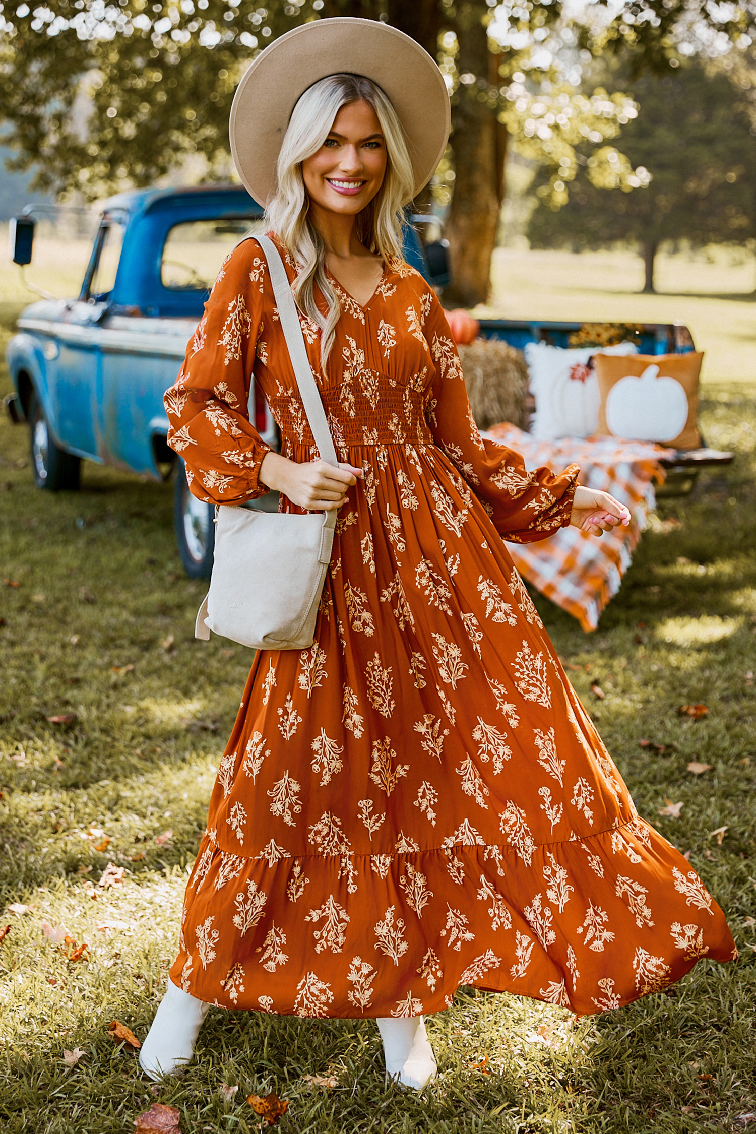 Burnt Orange Floral Blouson Sleeve Smocked Waist Maxi Dress