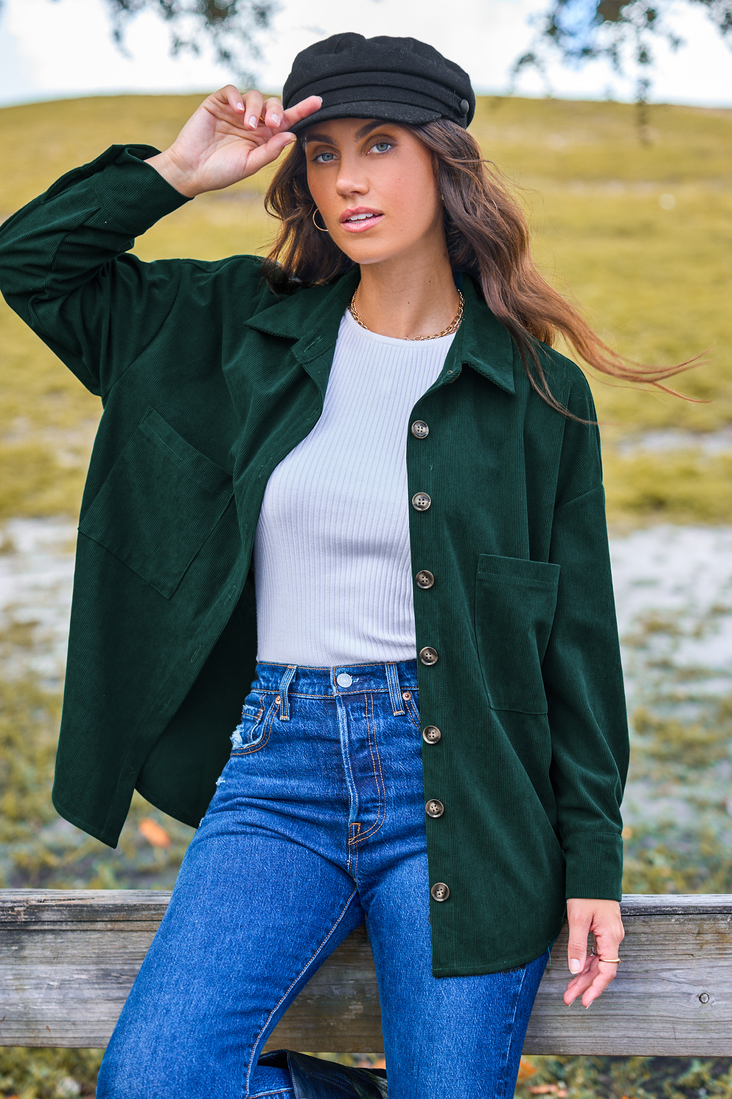 Groene kraag lange mouw patch zak shacket