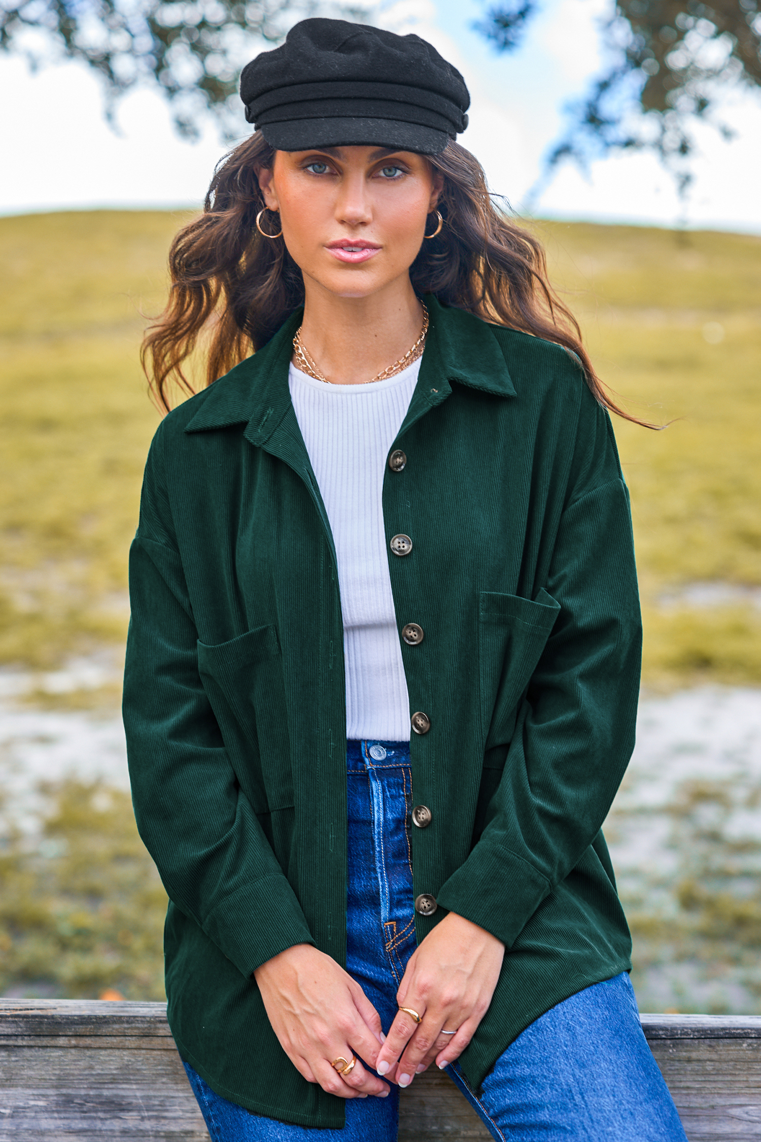 Groene kraag lange mouw patch zak shacket