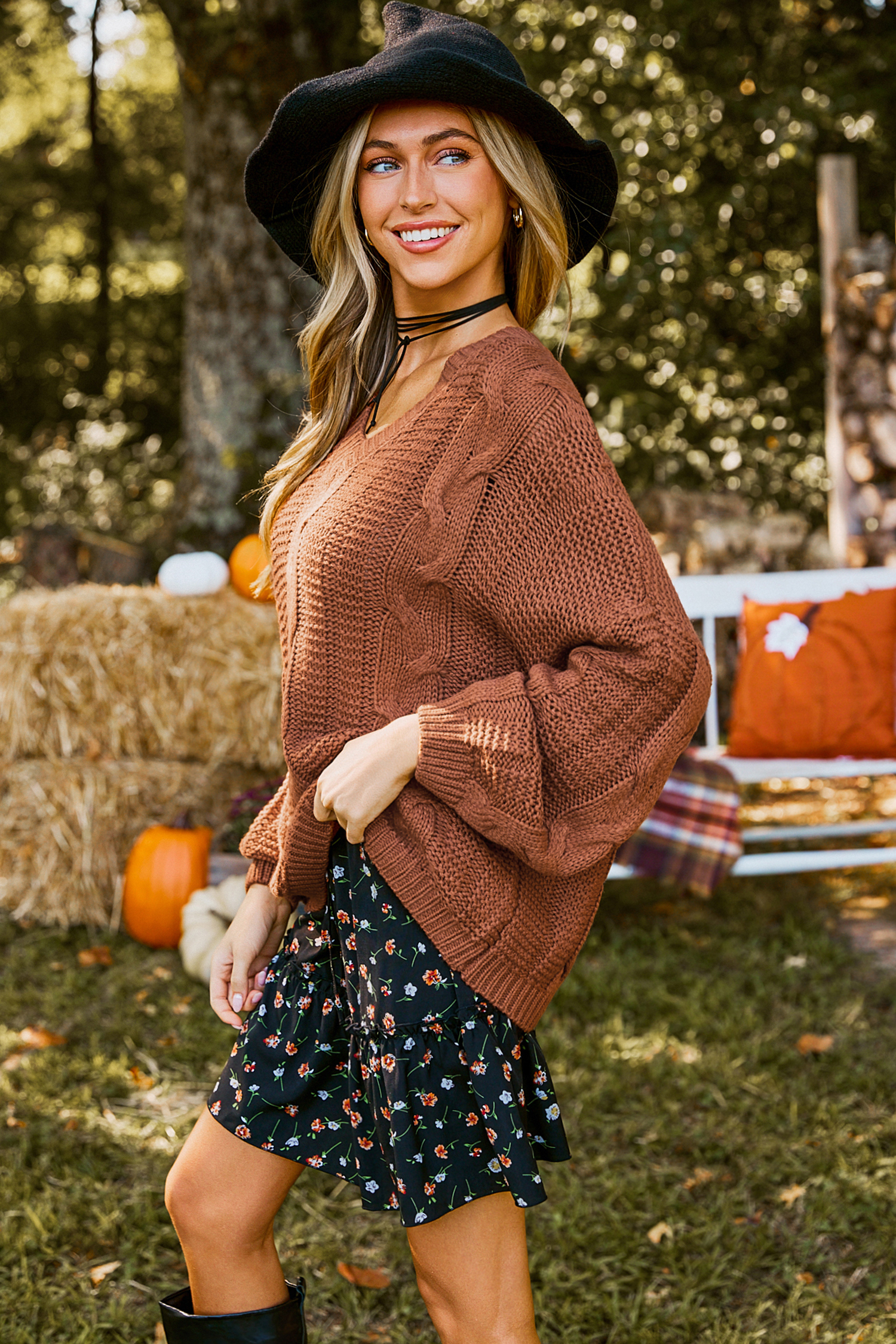 Orange V-Neck Long Sleeve Cable Knit Sweater