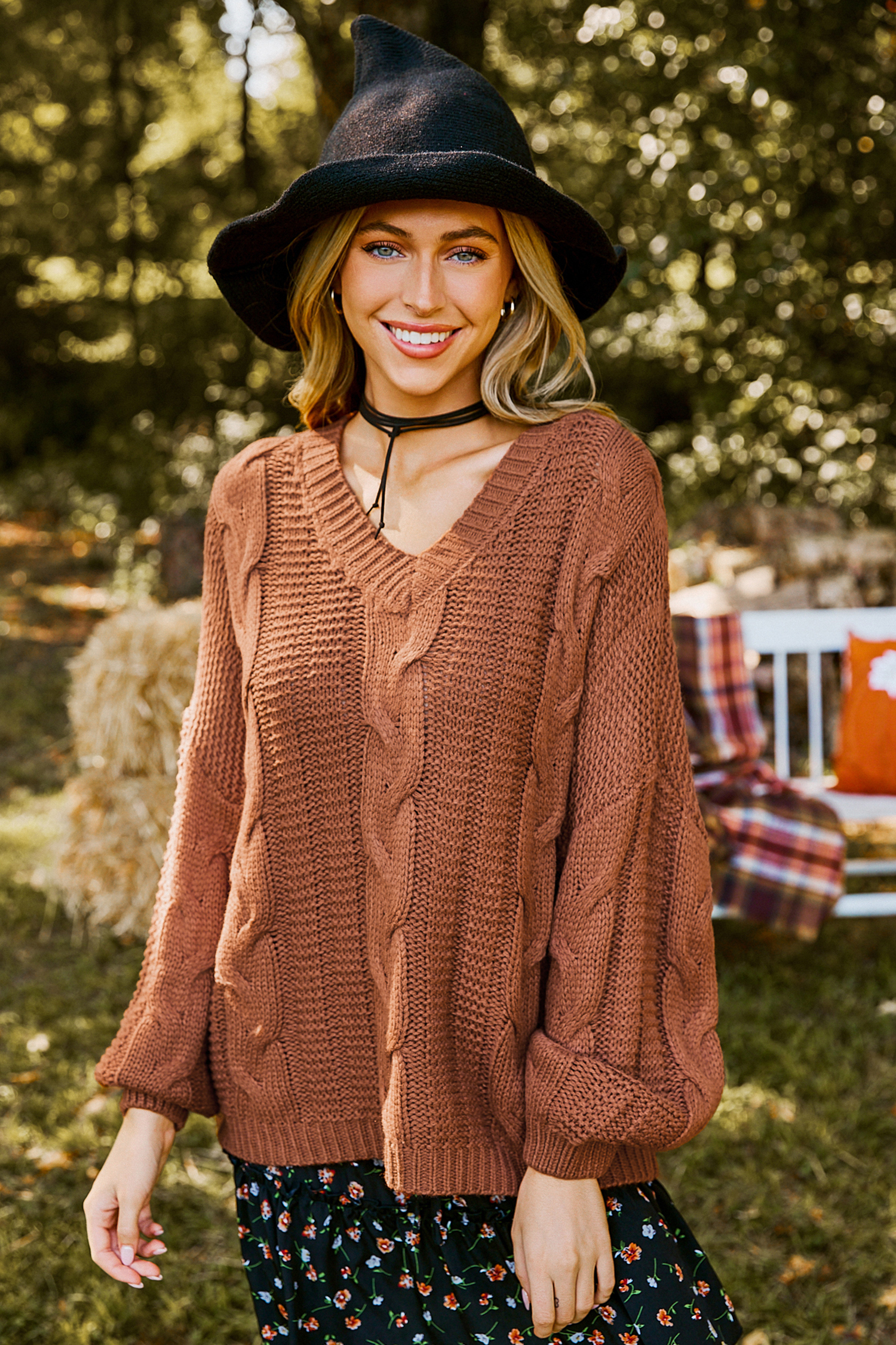 Orange V-Neck Long Sleeve Cable Knit Sweater