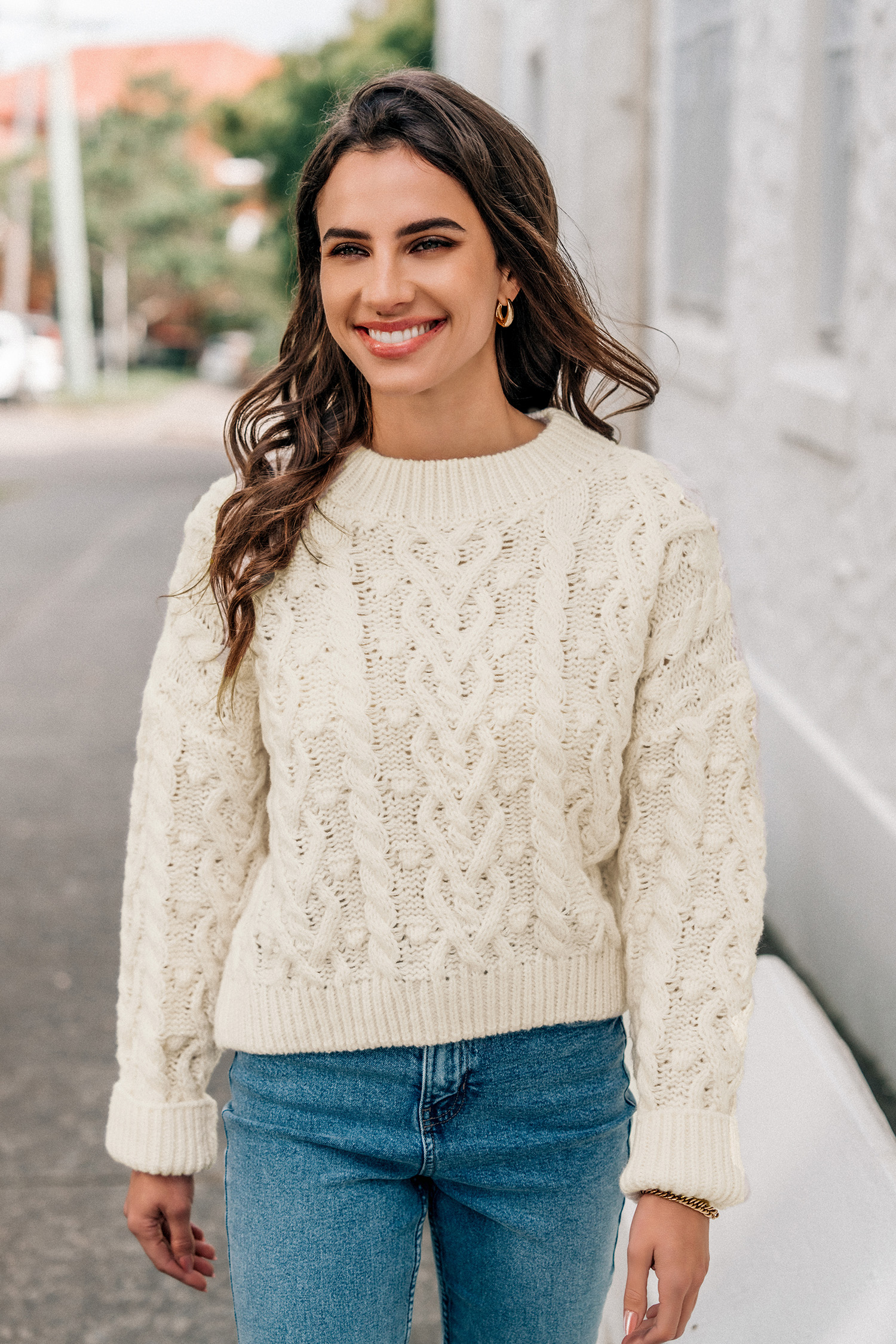 Beige Cable Knit Drop Shoulder Sweater