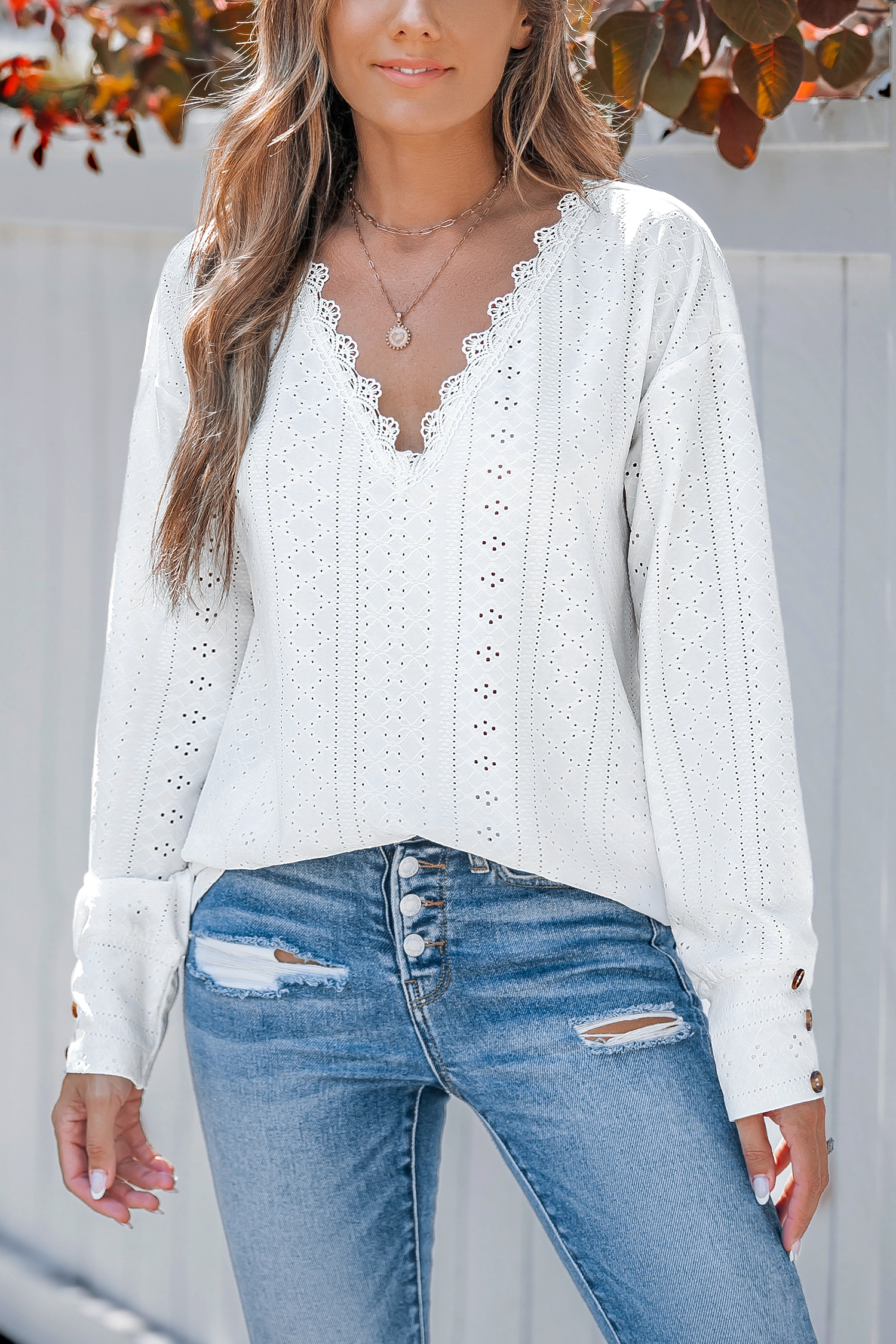 トップス Eyelet Jersey Jacquard Top - white White Eyelet Jersey Lace Neck Long Sleeve Top