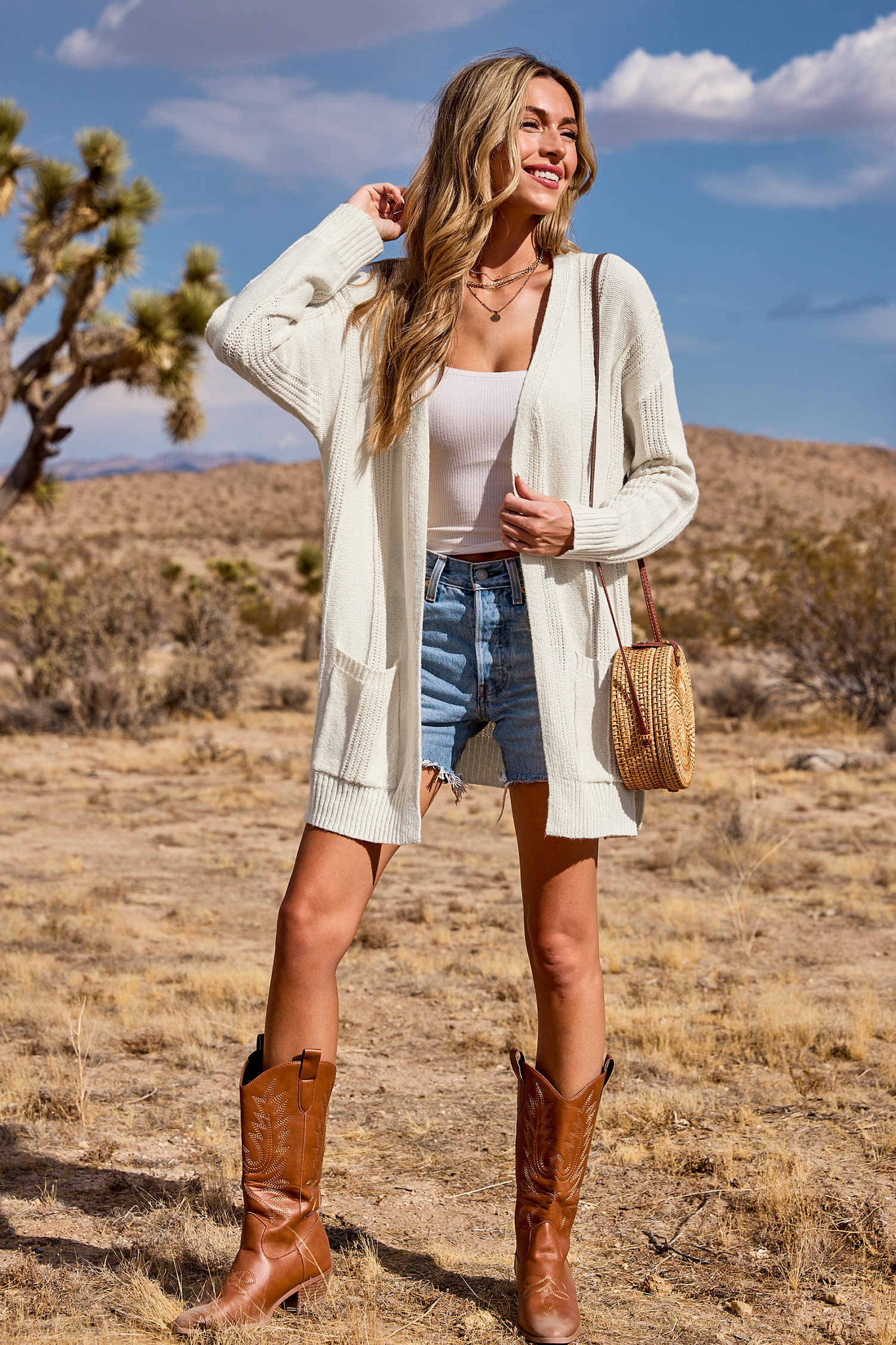 White Open Front Long Sleeve Patch Pocket Cardigan