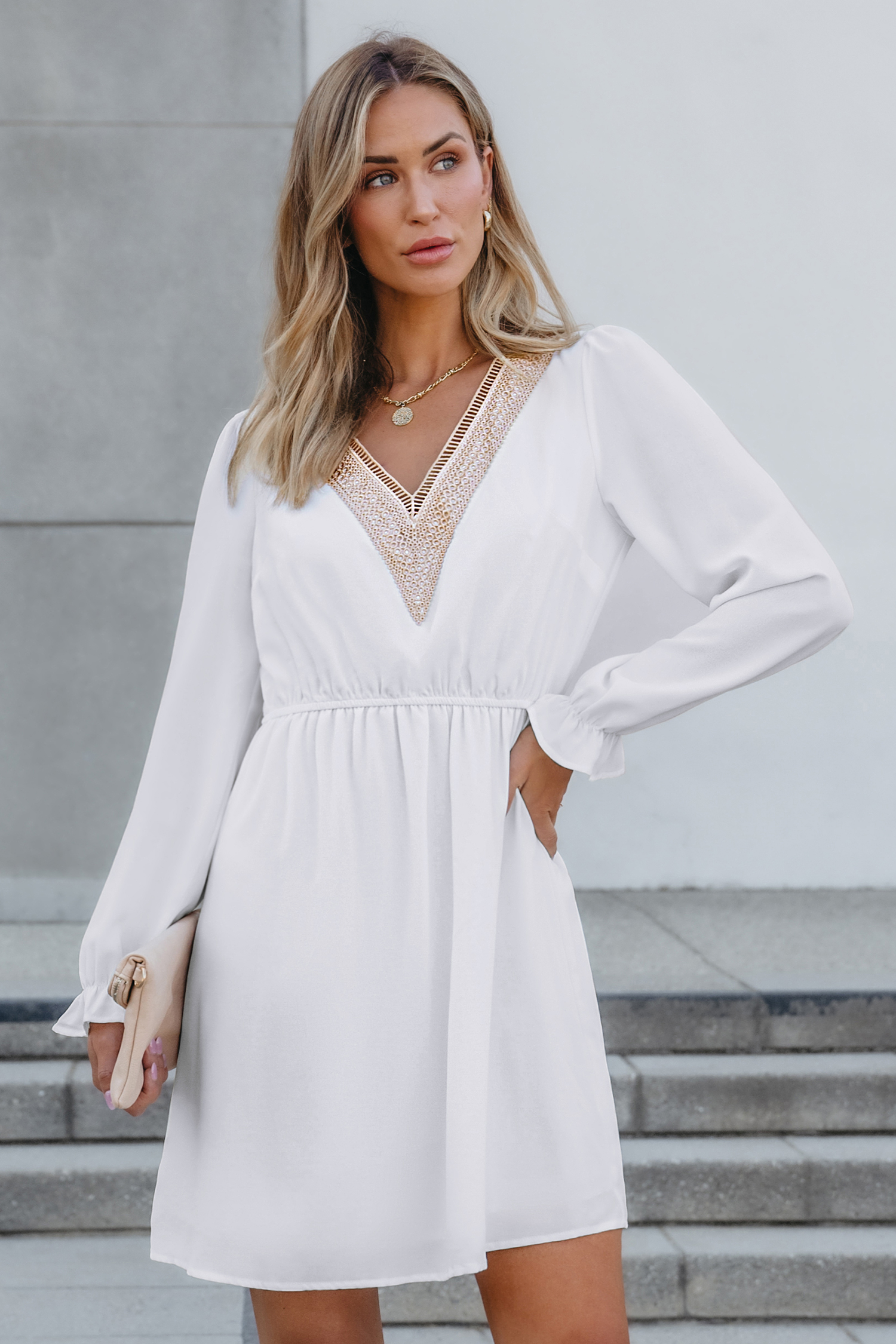 White V-Neck Poet Sleeve Cinched Waist Mini Dress