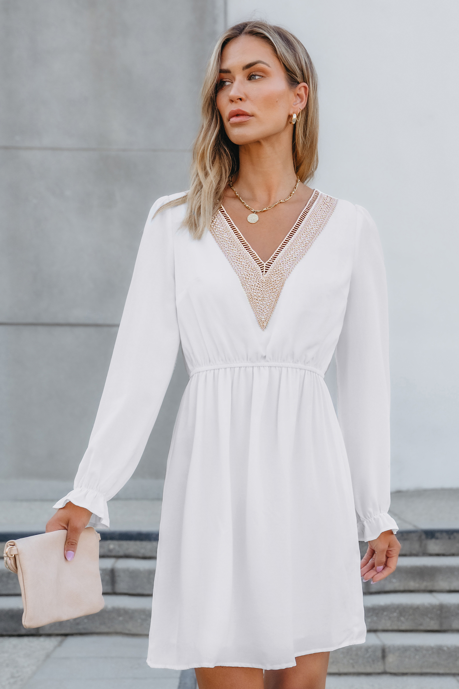 White V-Neck Poet Sleeve Cinched Waist Mini Dress