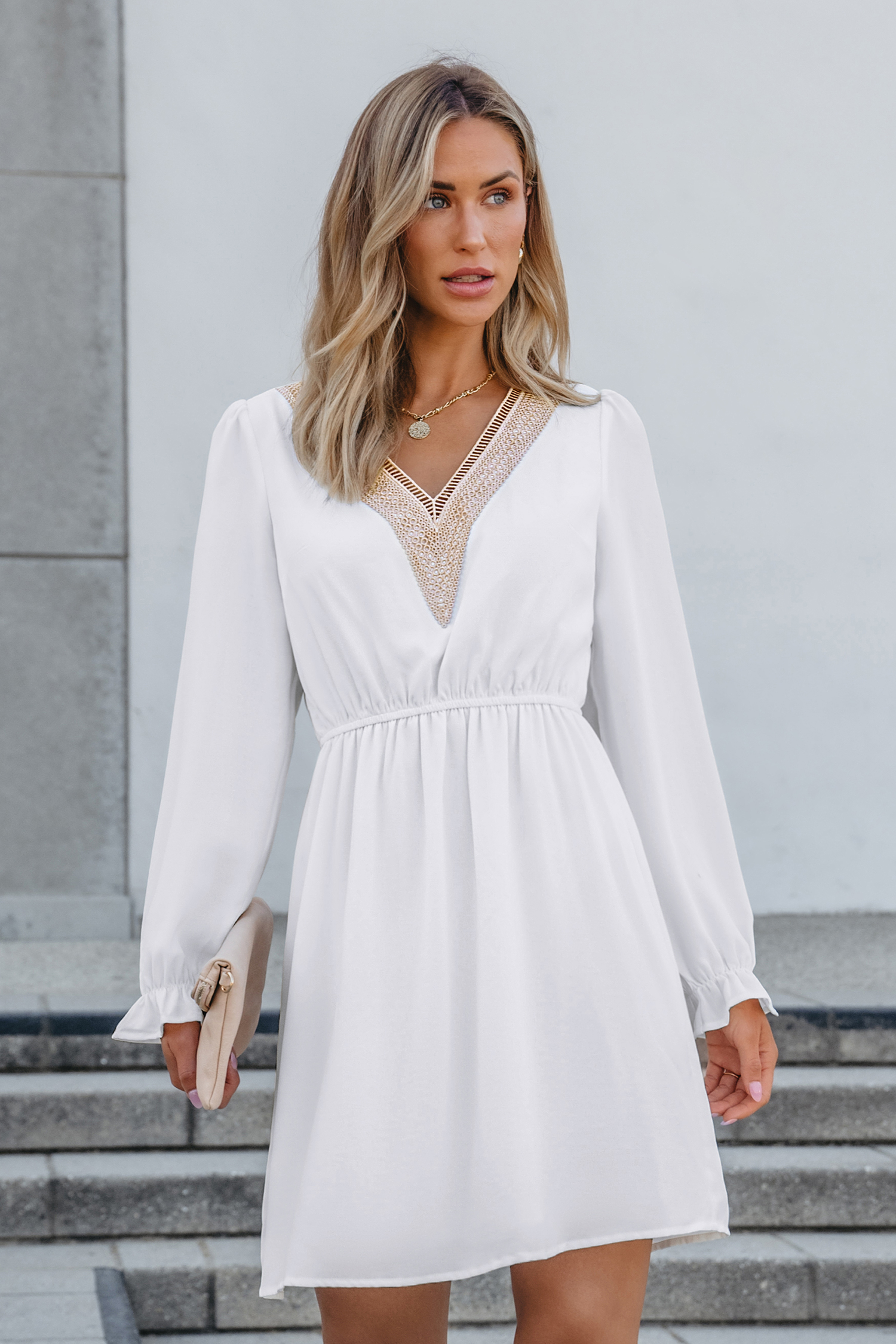 White V-Neck Poet Sleeve Cinched Waist Mini Dress