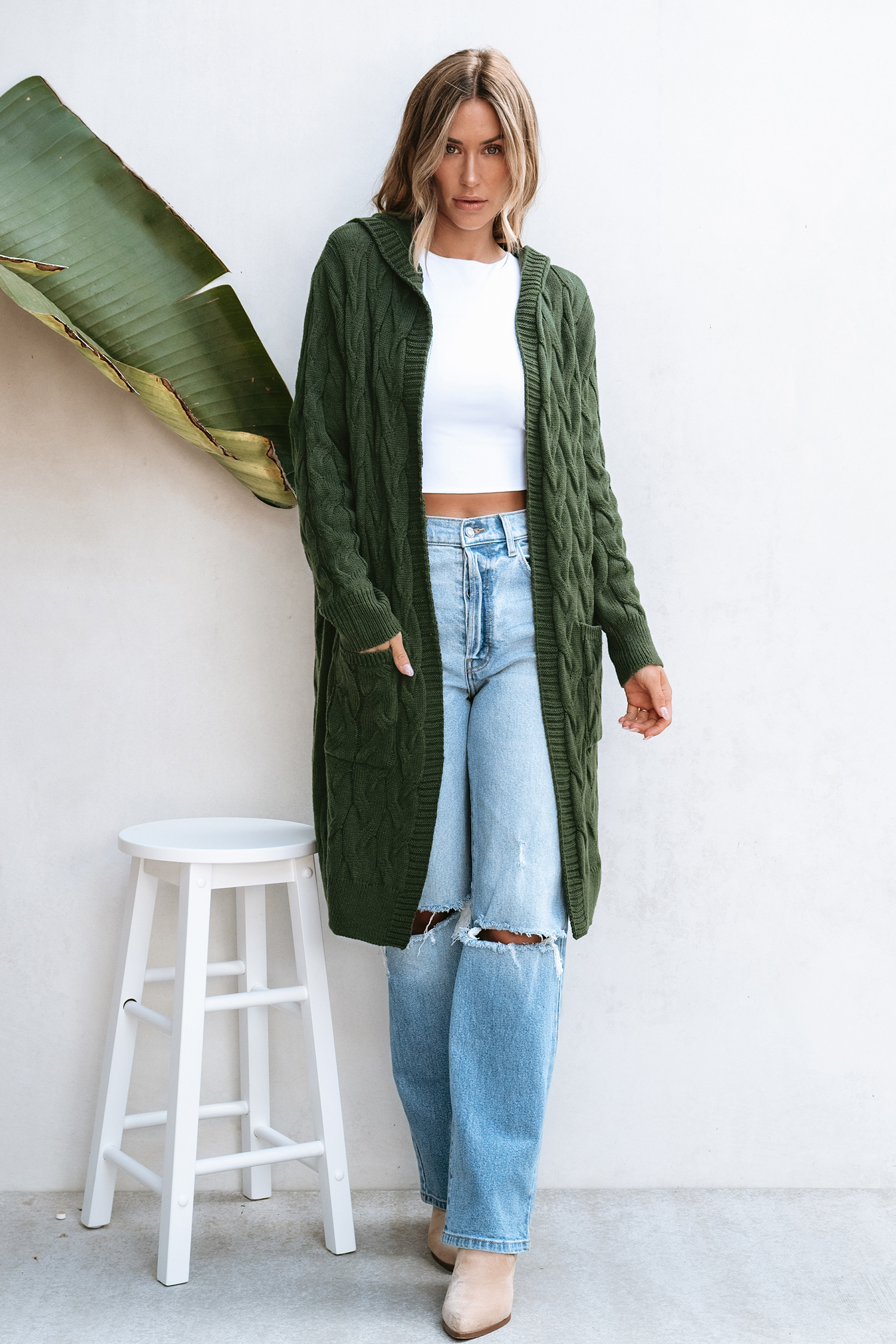 Olive Cable Knit Open Front Long Sleeve Long Cardigan