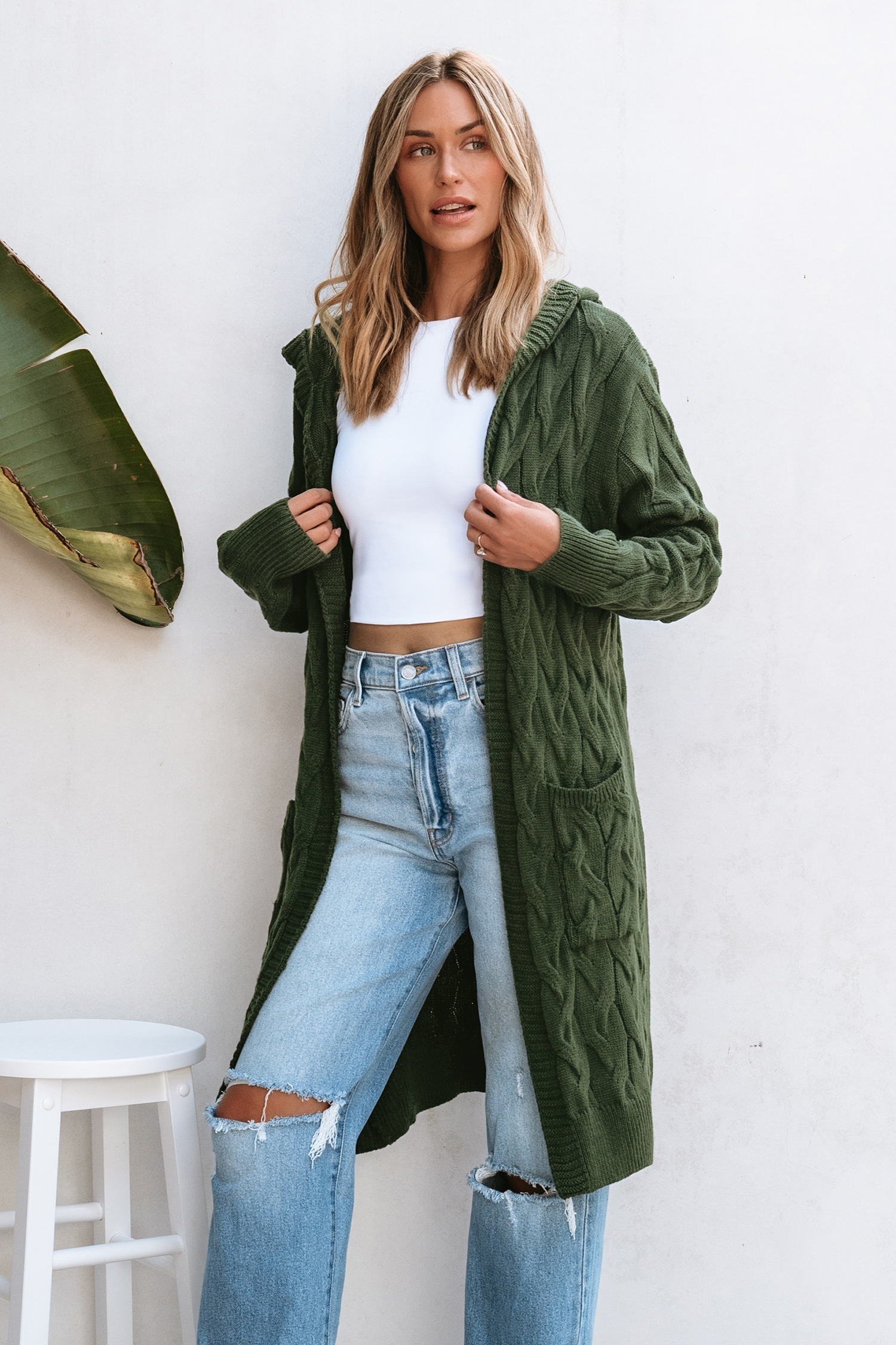 Olive Cable Knit Open Front Long Sleeve Long Cardigan