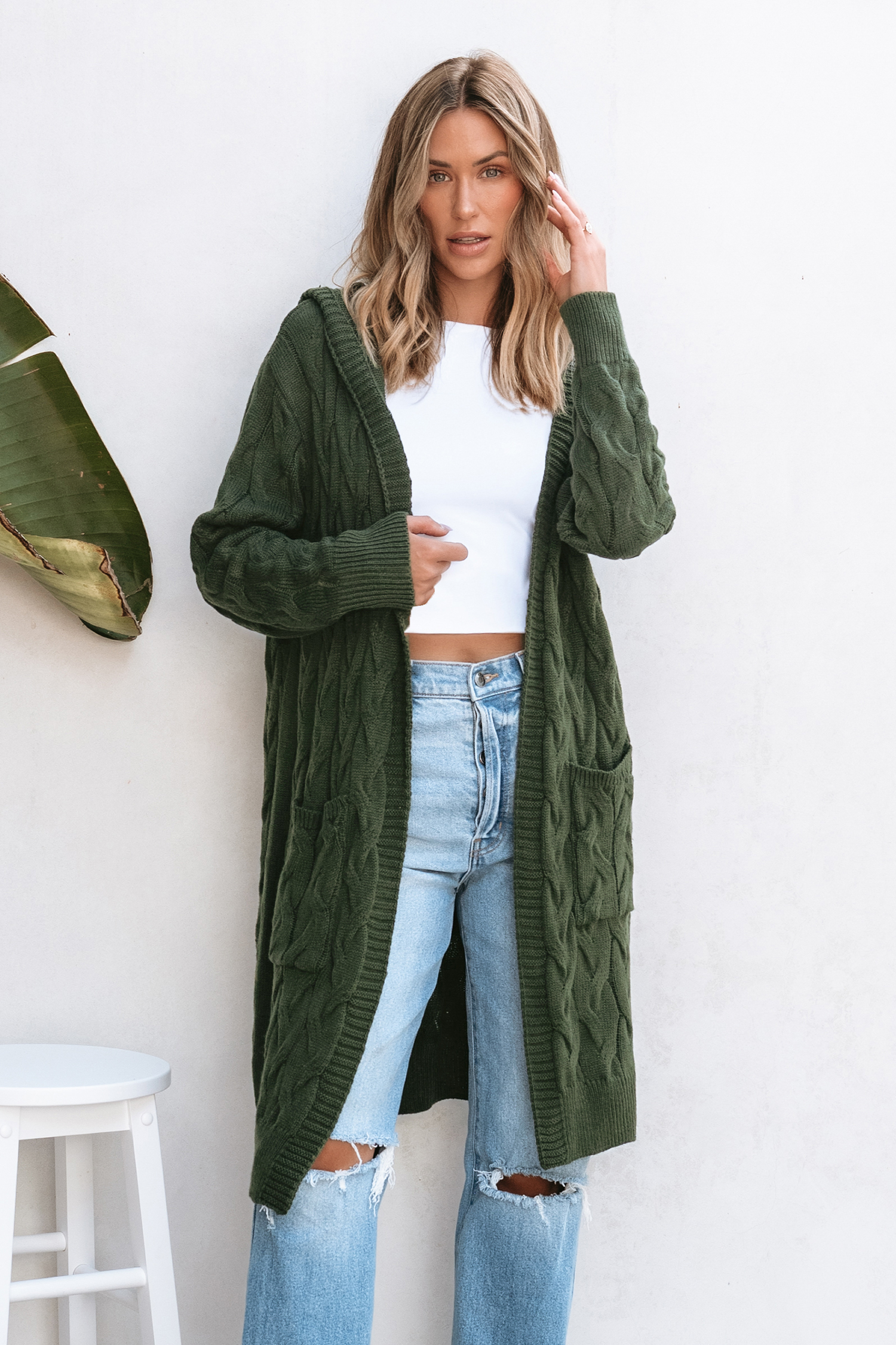 Olive Cable Knit Open Front Long Sleeve Long Cardigan