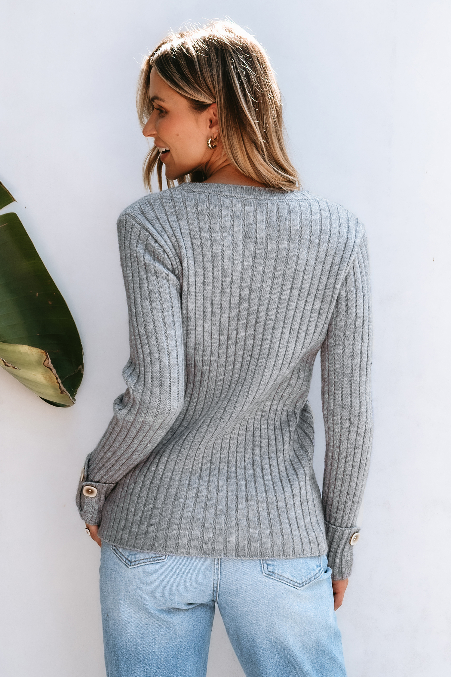 トップス Pleats Cache-coeur Knit tops Gray Grey Ribbed Knit Long Sleeve Split Hem Sweater Top
