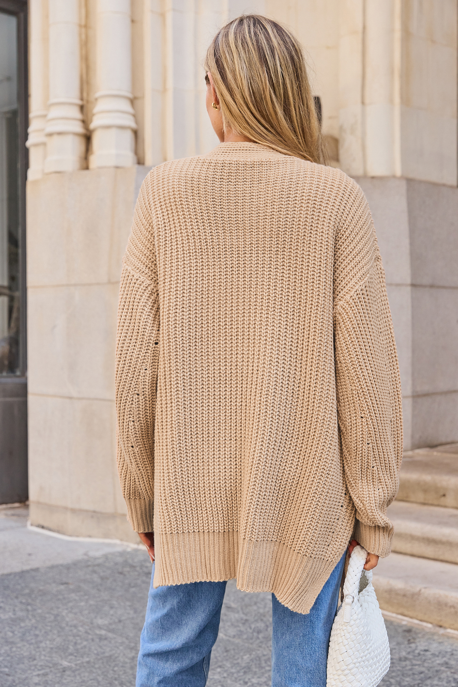 Camel Open Front Long Sleeve Cardigan