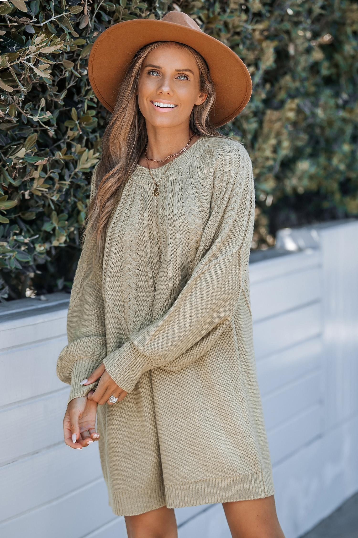 Khaki Round Neck Long Sleeve Mini Jumper Dress