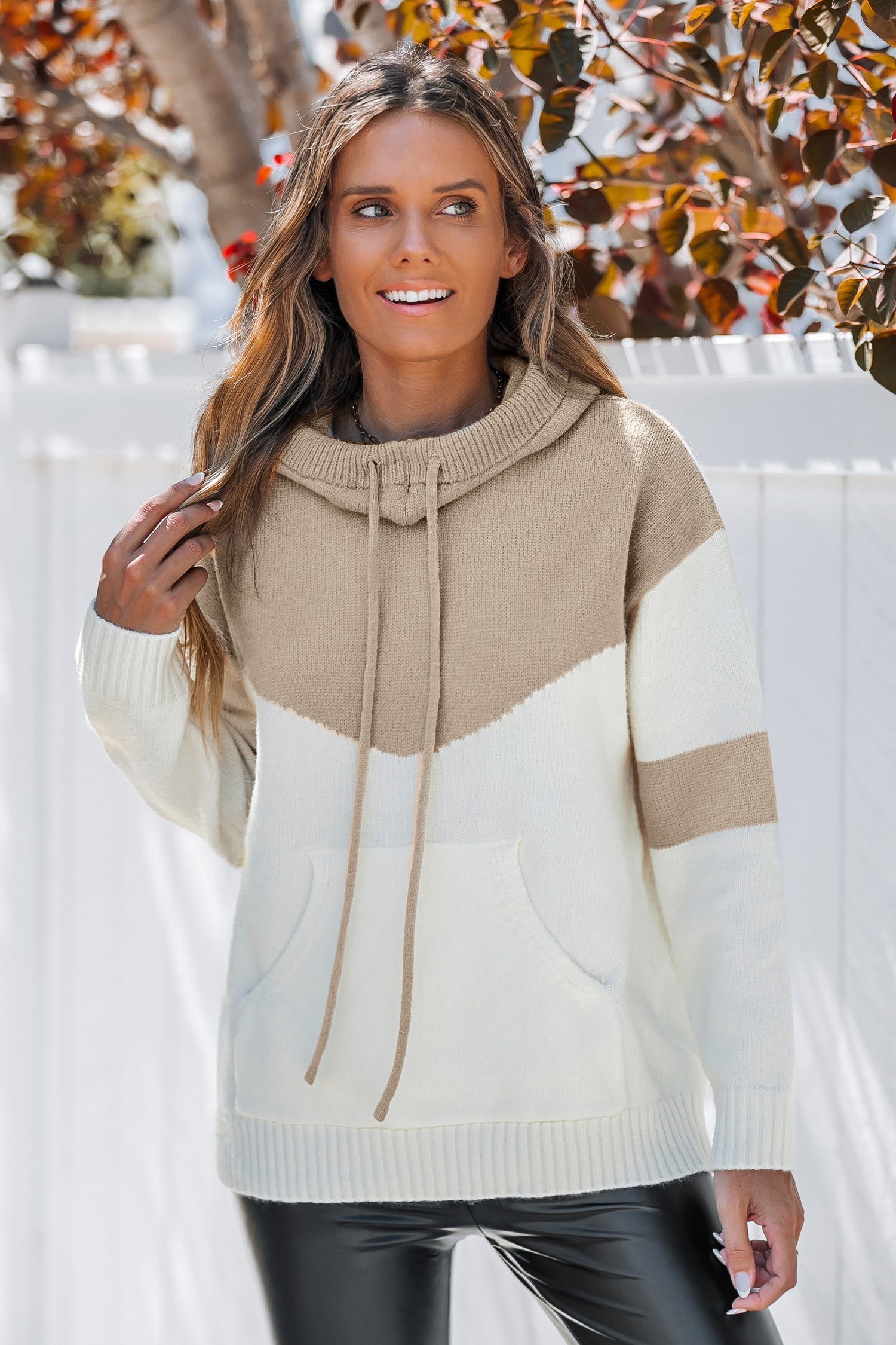 Neutral Colorblock Long Sleeve Drawstring Hoodie