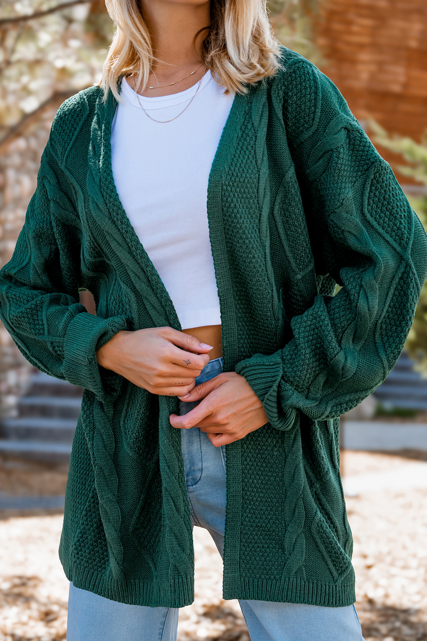 Green Open Front Long Sleeve Cable Knit Cardigan