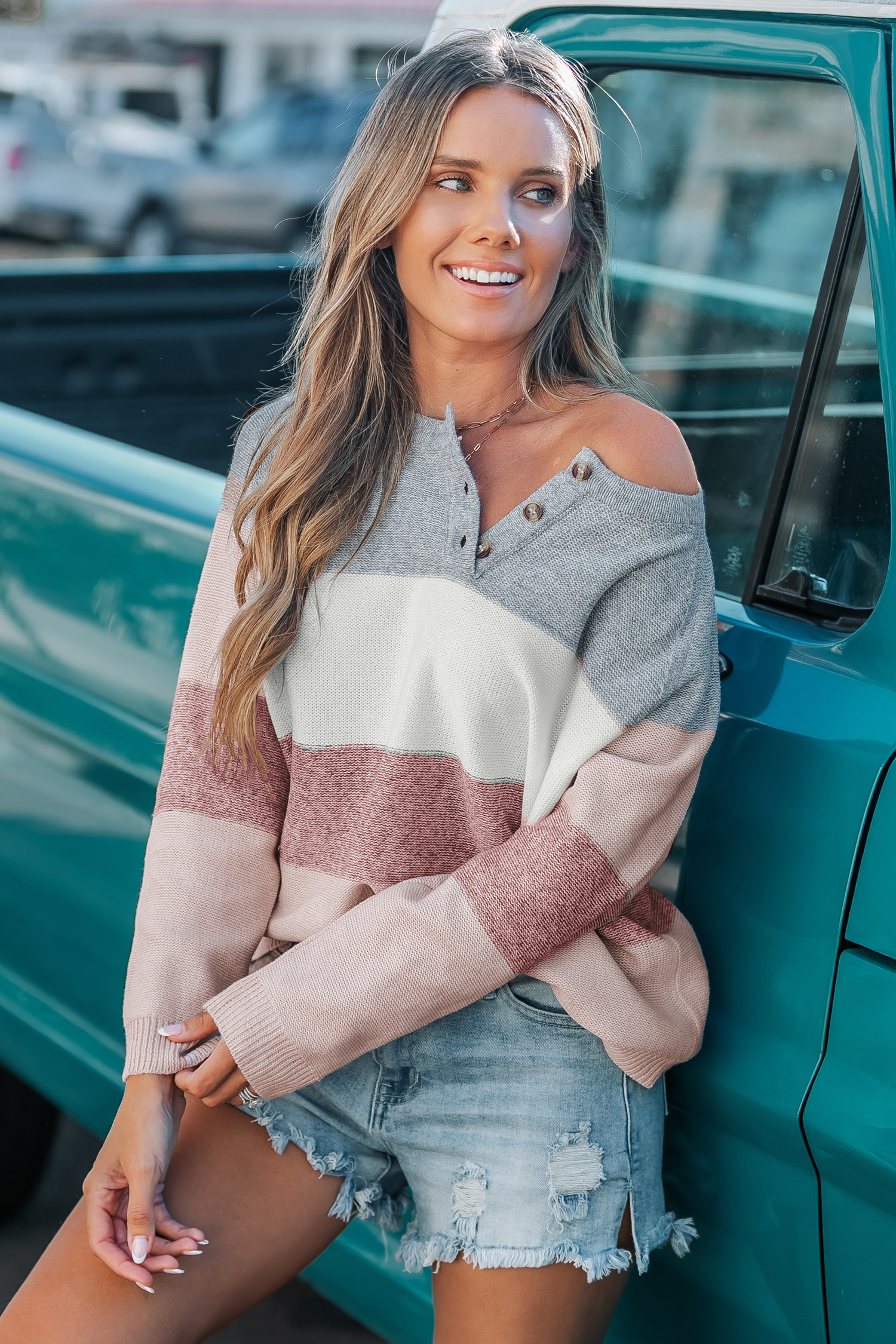 Colorblock Long Sleeve Henley Sweater