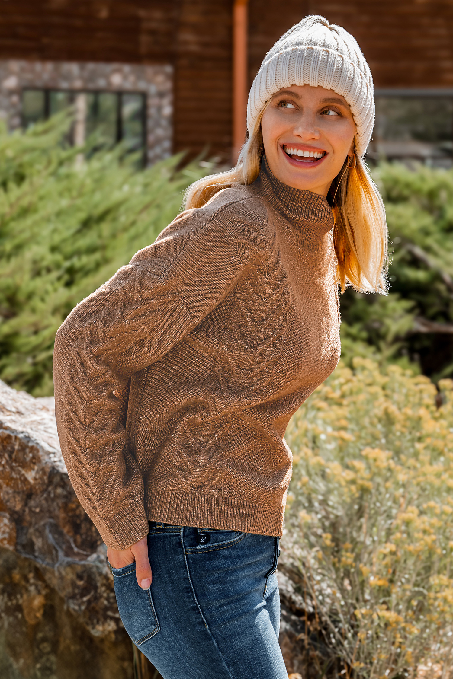 Brown Cable Knit Drop Shoulder Turtleneck Sweater