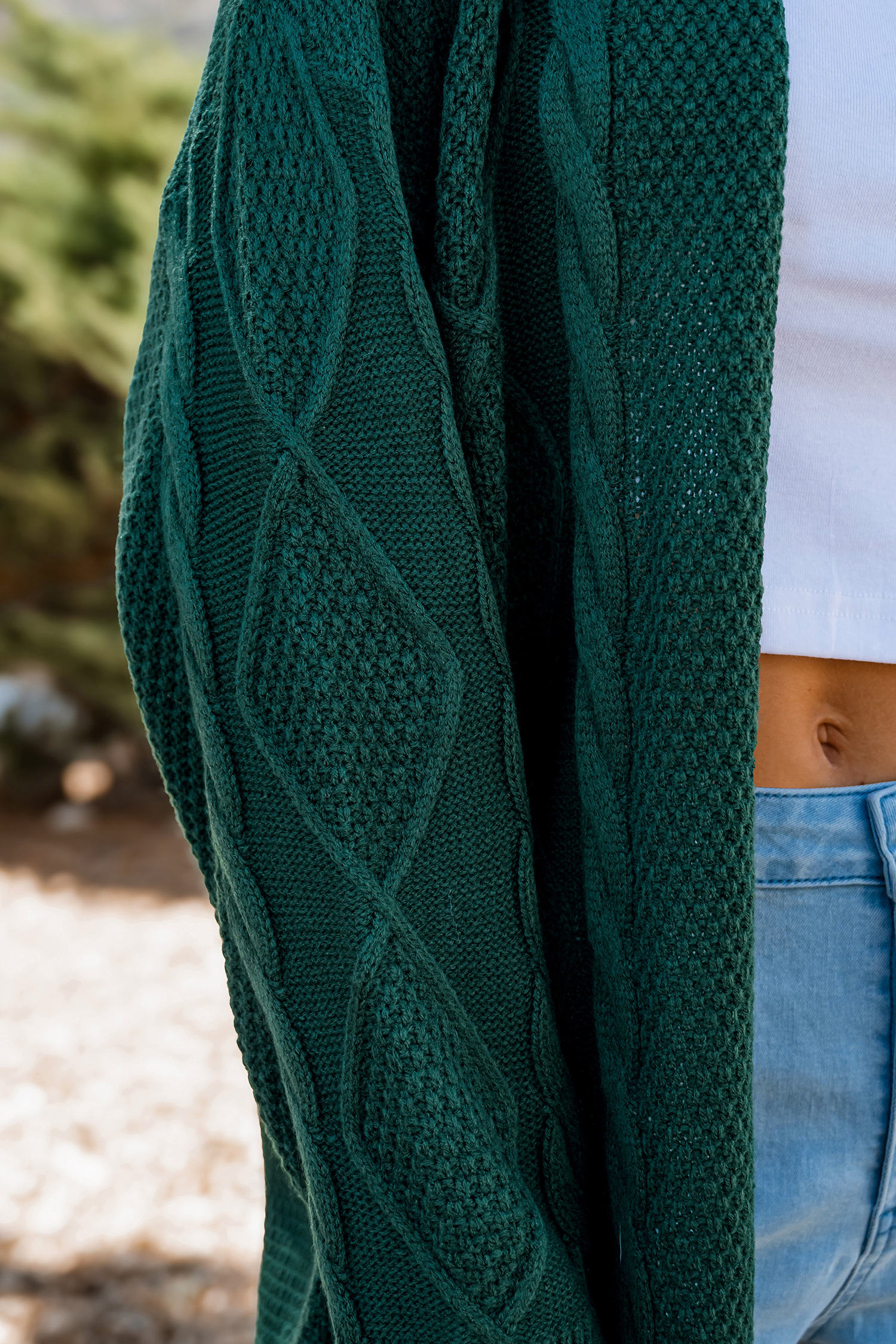 Green Open Front Long Sleeve Cable Knit Cardigan
