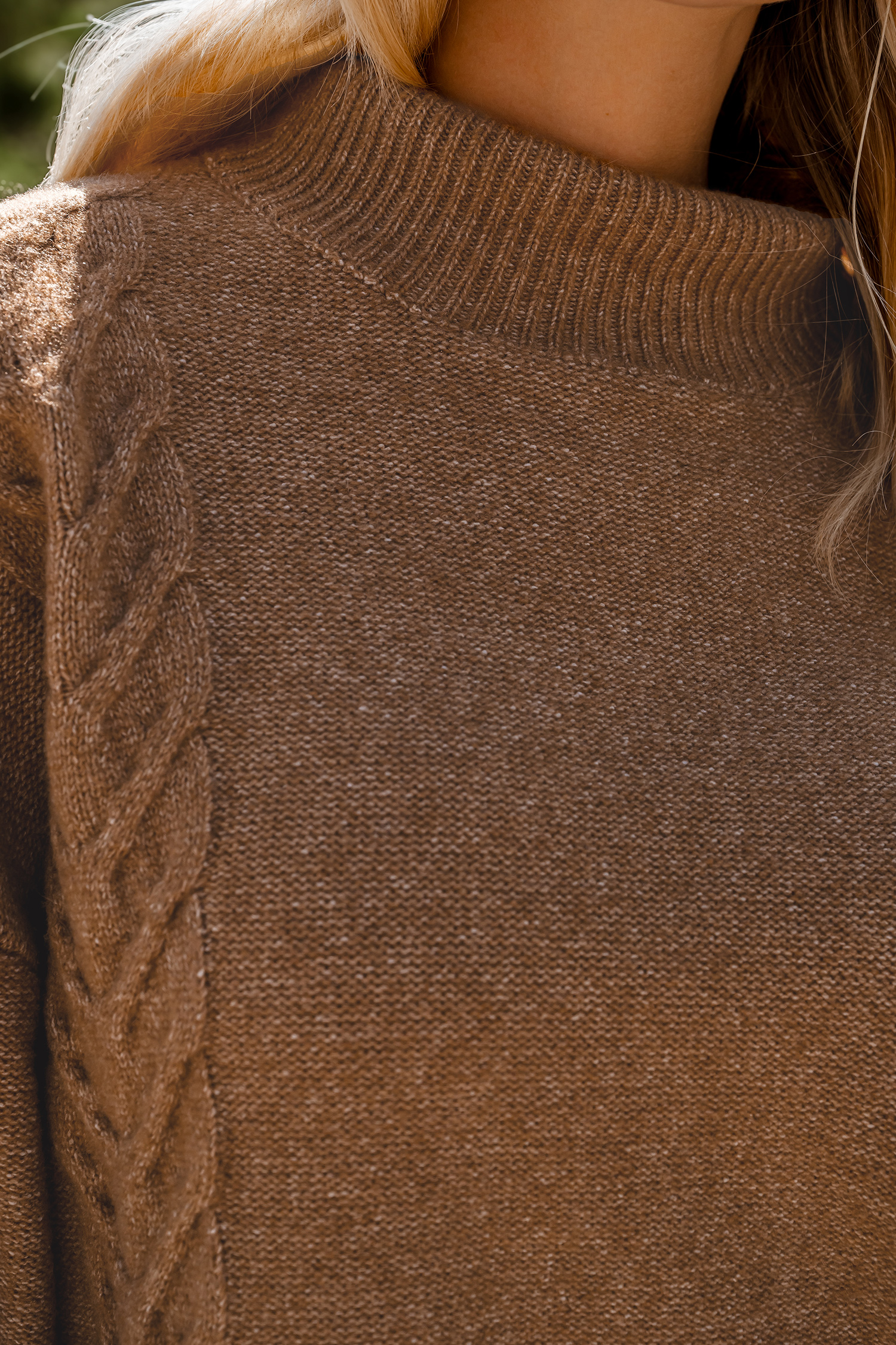 Brown Cable Knit Drop Shoulder Turtleneck Sweater