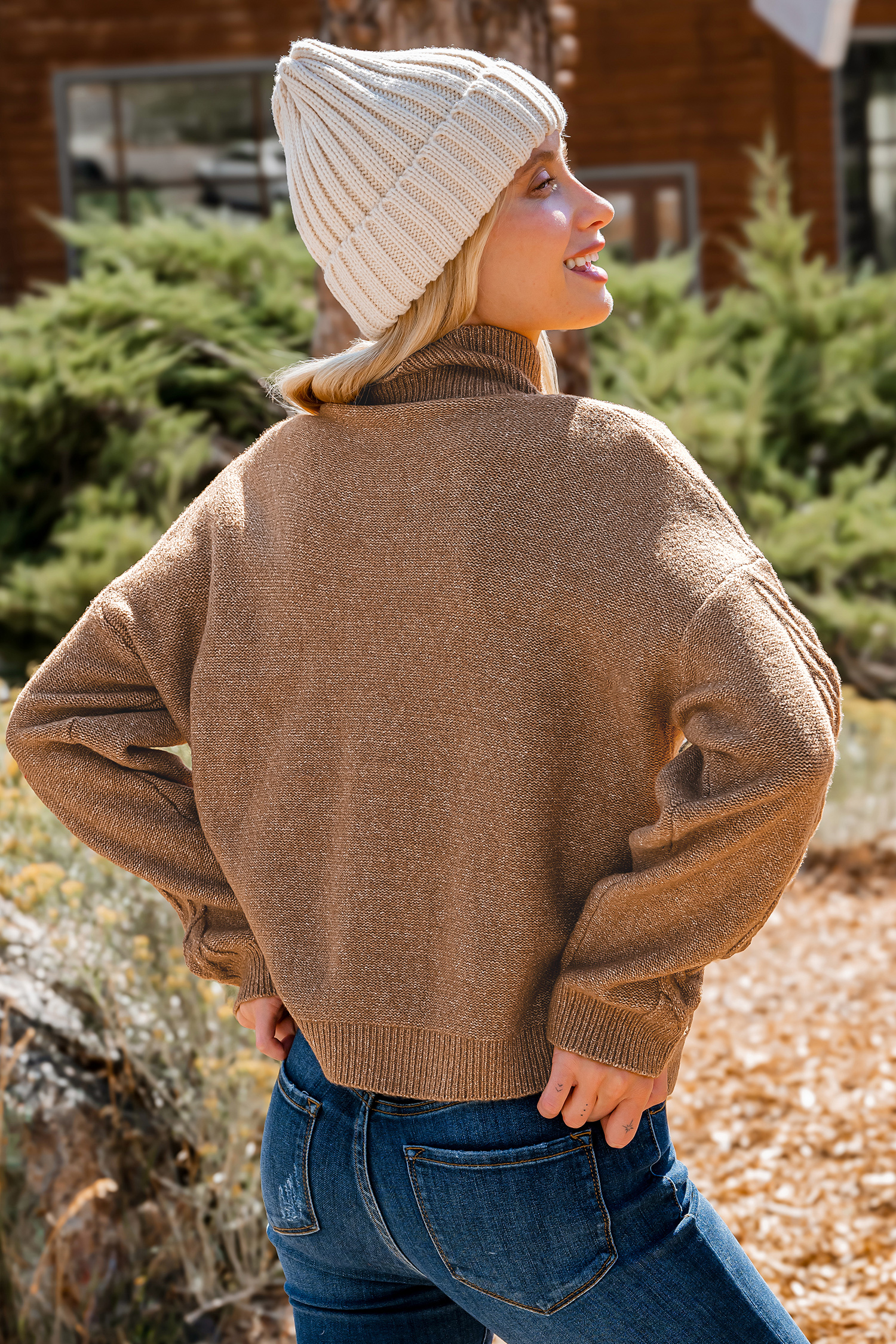 Brown Cable Knit Drop Shoulder Turtleneck Sweater