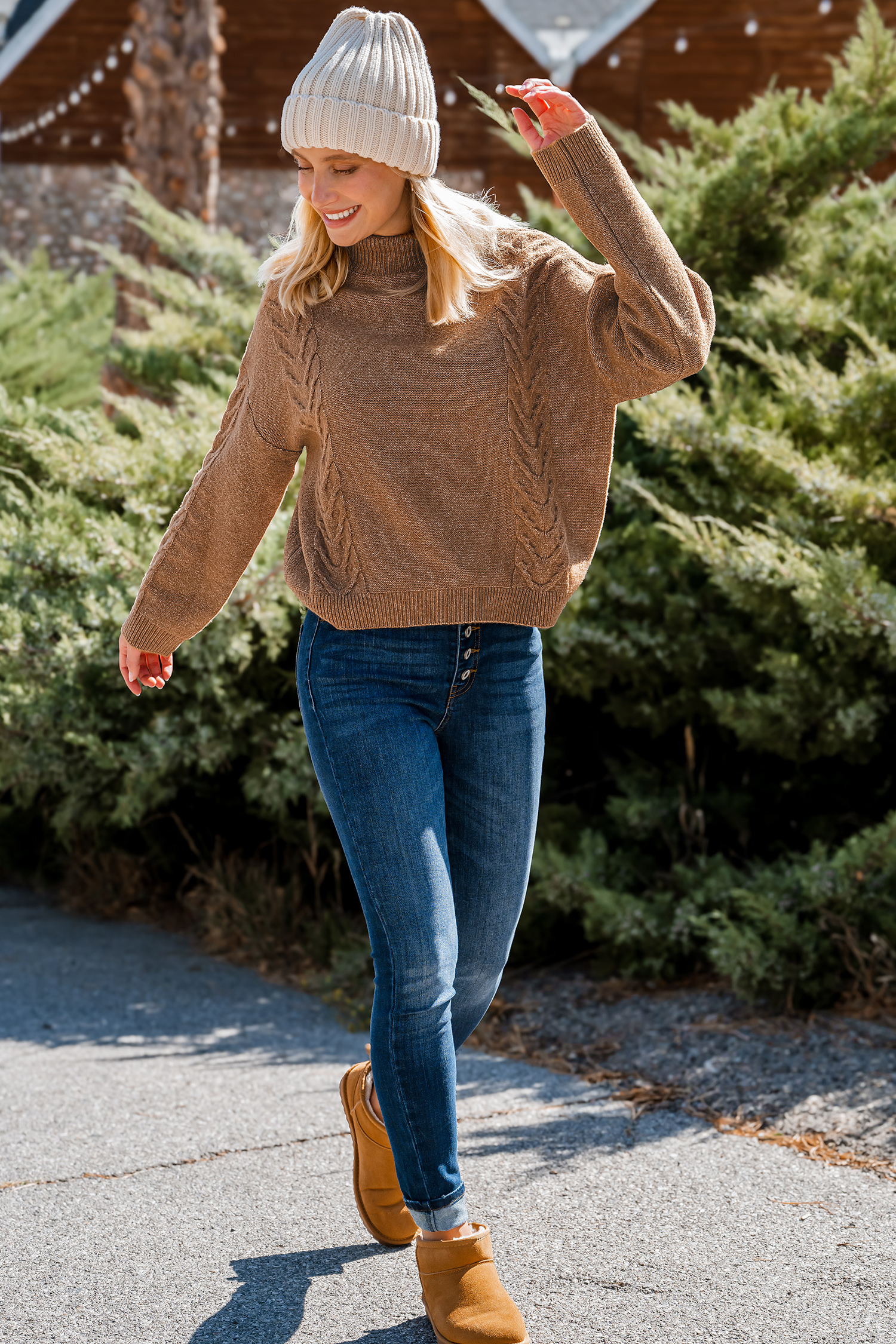 Brown Cable Knit Drop Shoulder Turtleneck Sweater