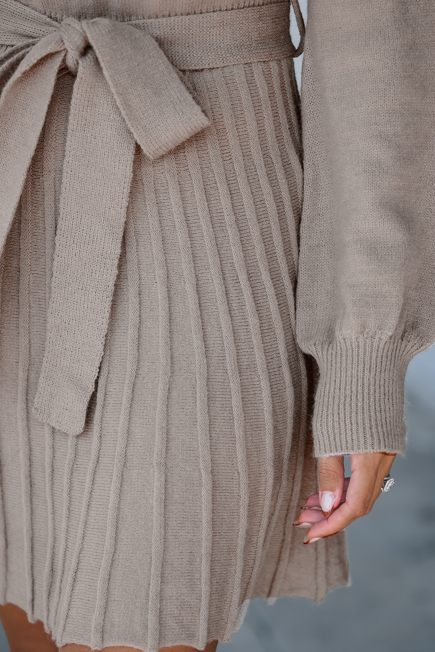 Taupe Long Sleeve Cowl Neck Hacci Drawstring Dress main image 1