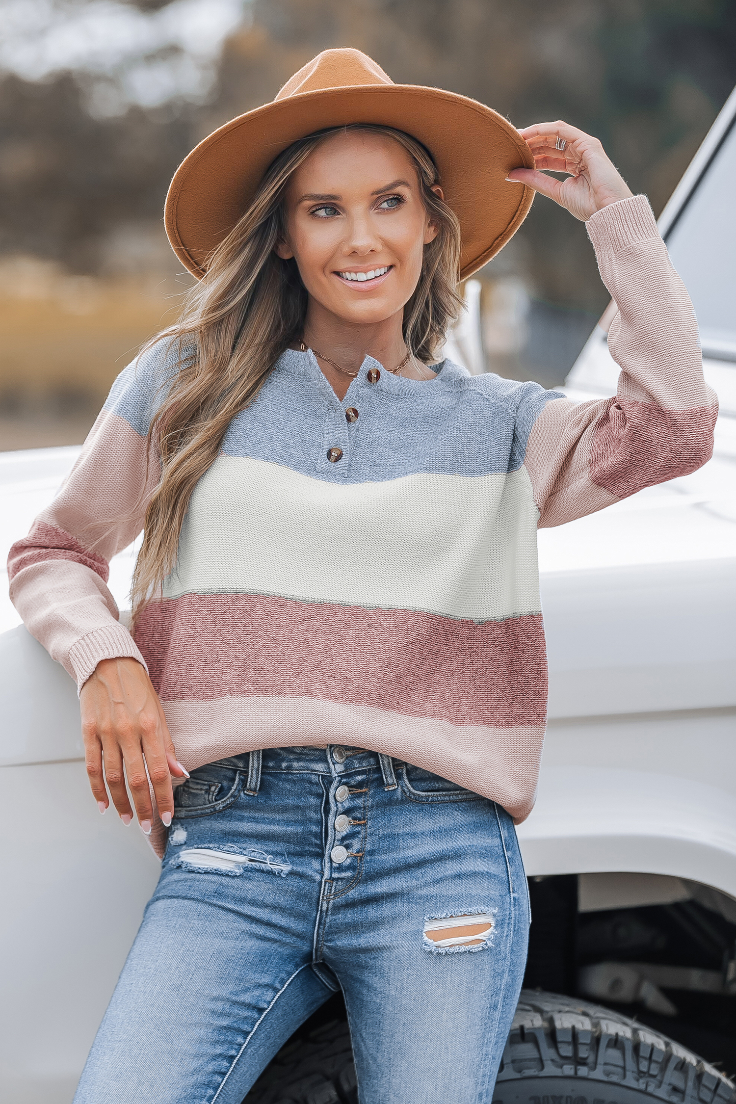 Colorblock Long Sleeve Henley Sweater