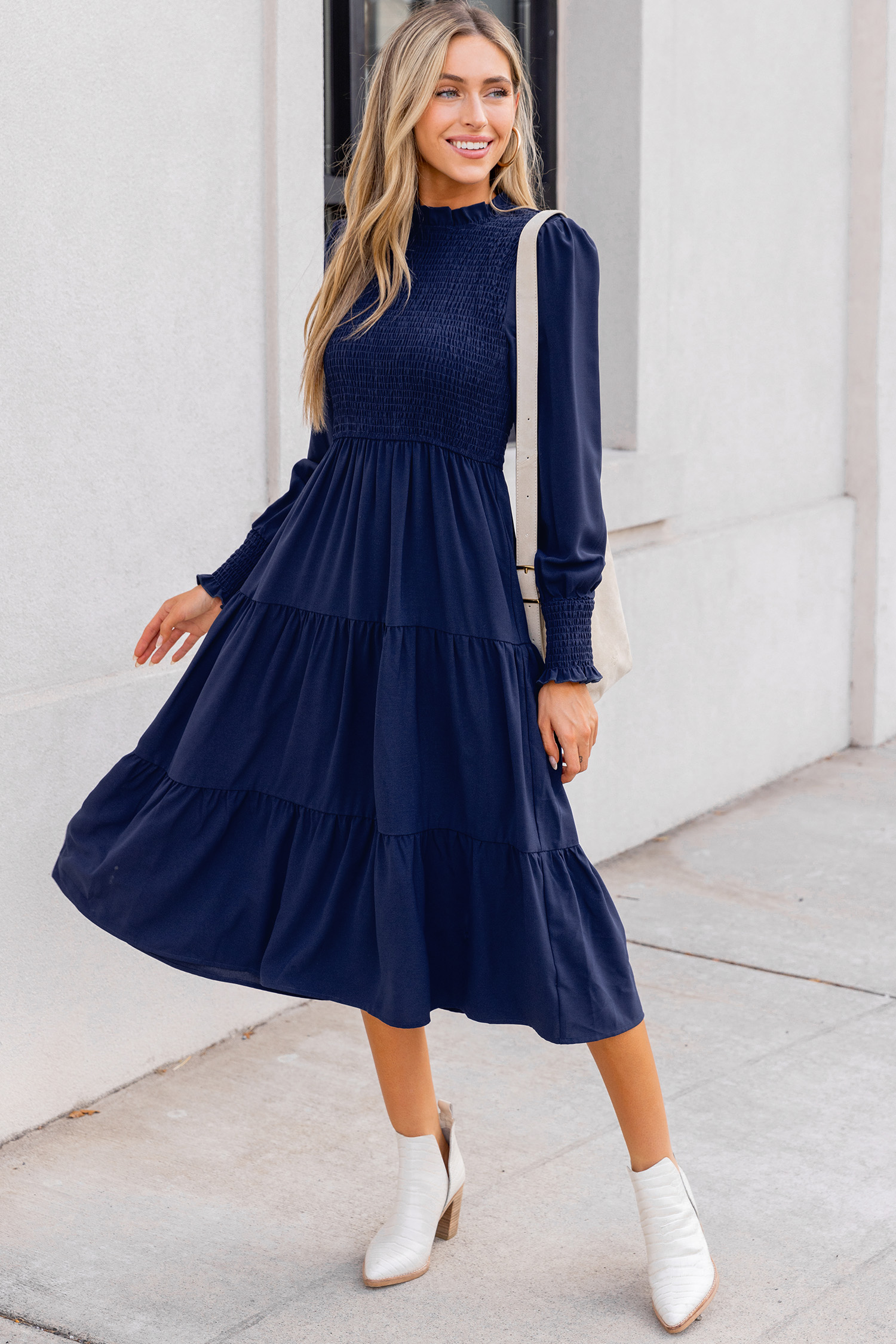 Blue High Neck Long Sleeve Smocked Midi Dress
