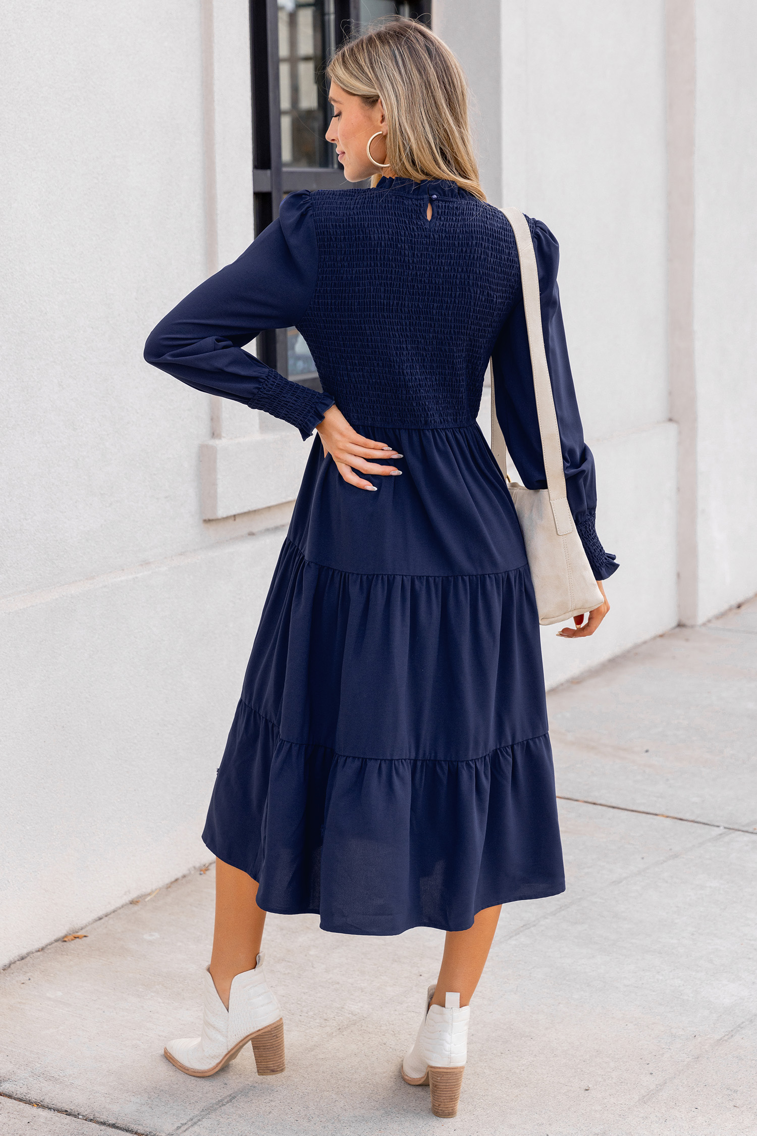Blue High Neck Long Sleeve Smocked Midi Dress