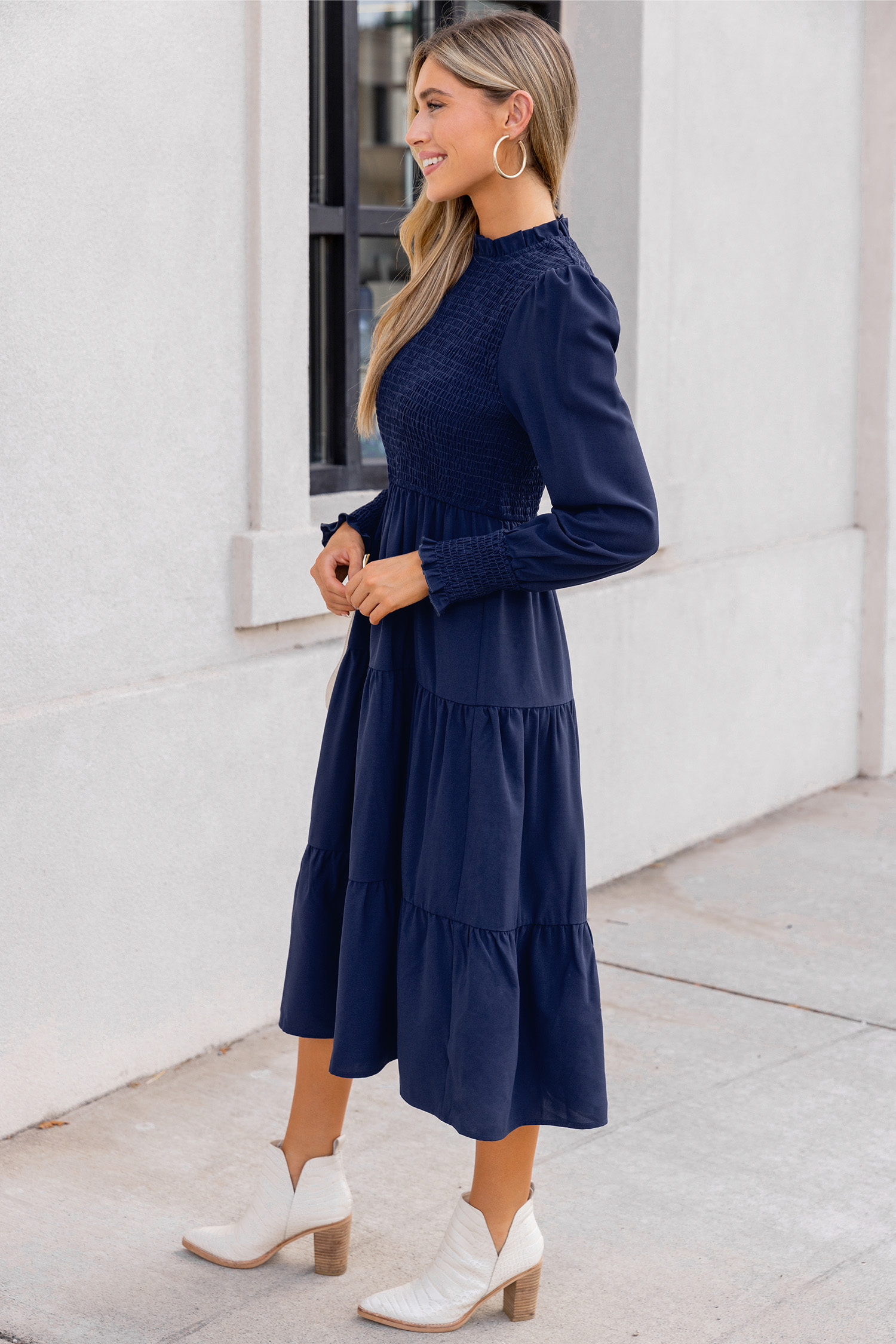 Blue High Neck Long Sleeve Smocked Midi Dress