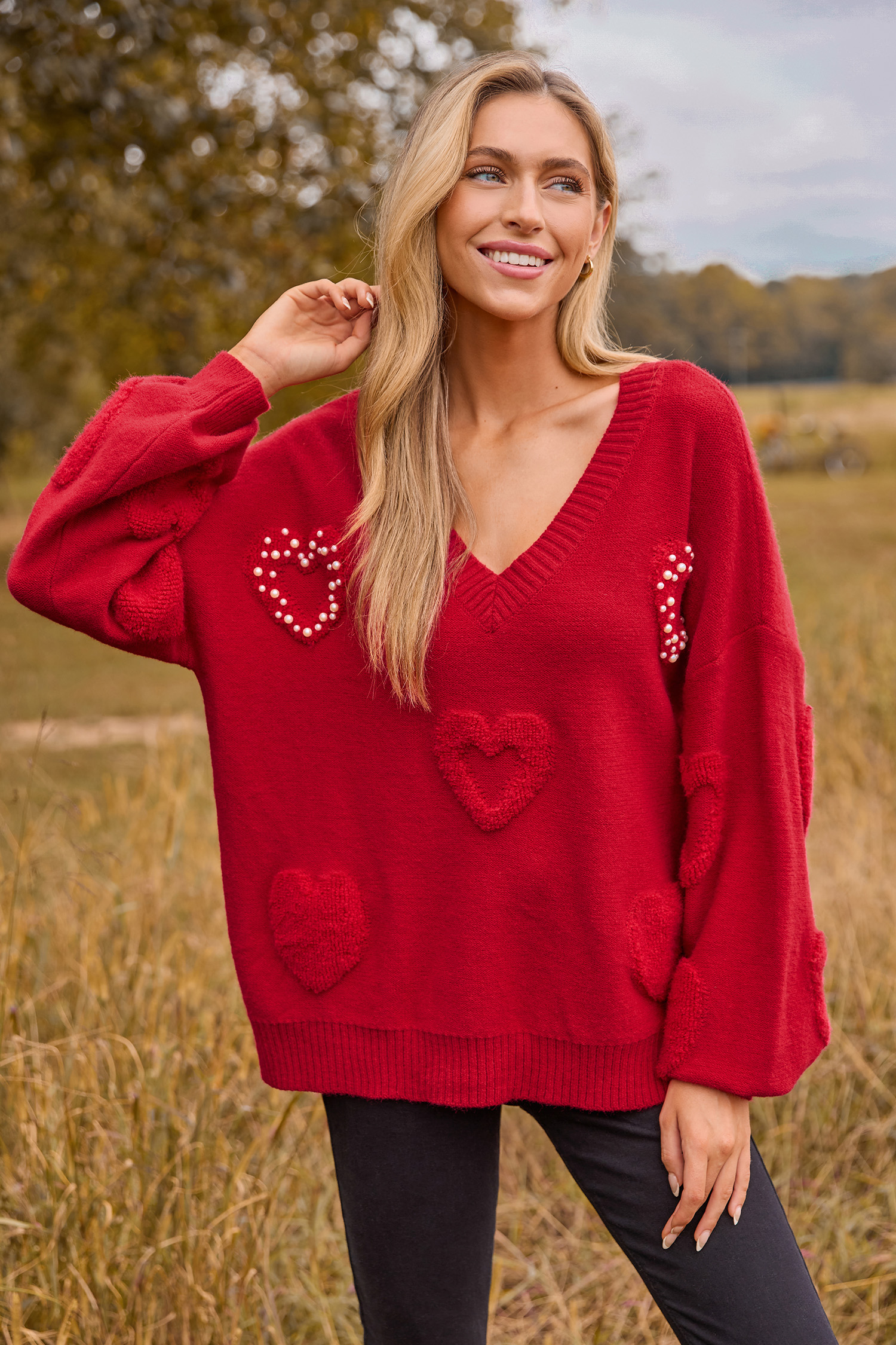 Red Beaded Long Sleeve Sweater