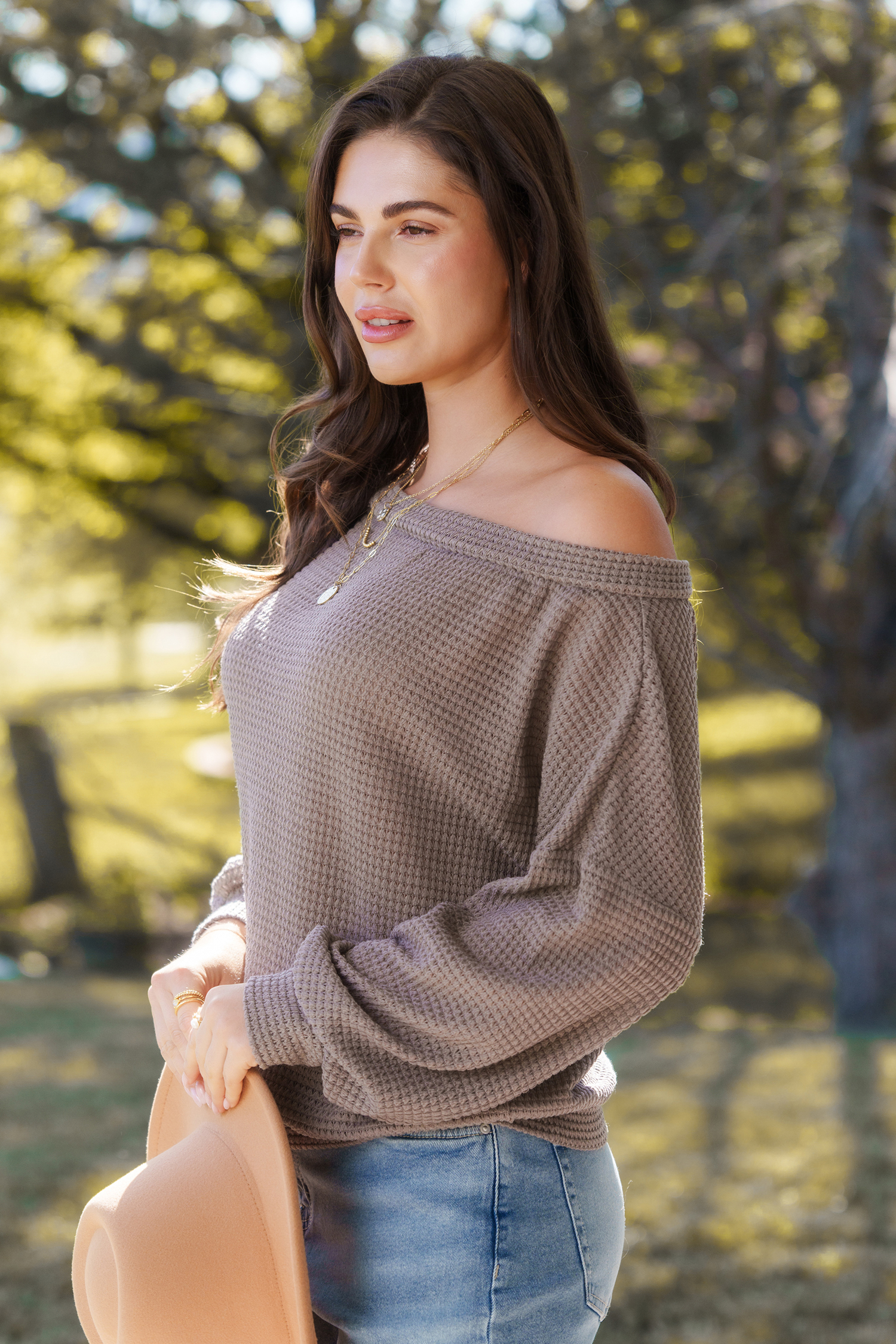 Taupe Off-Shoulder Long Sleeve Top