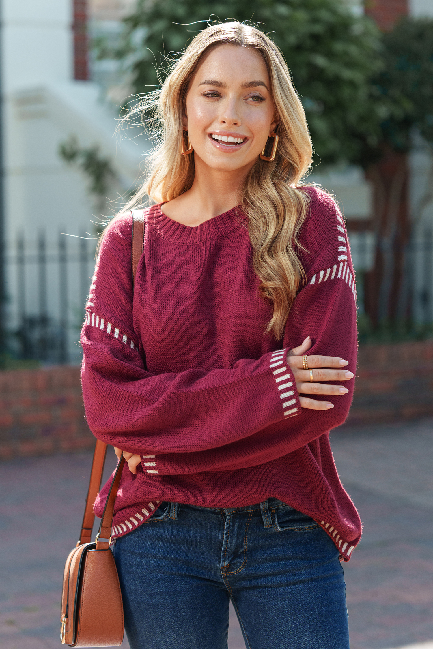 Rode ronde hals drop shoulder lange mouw trui