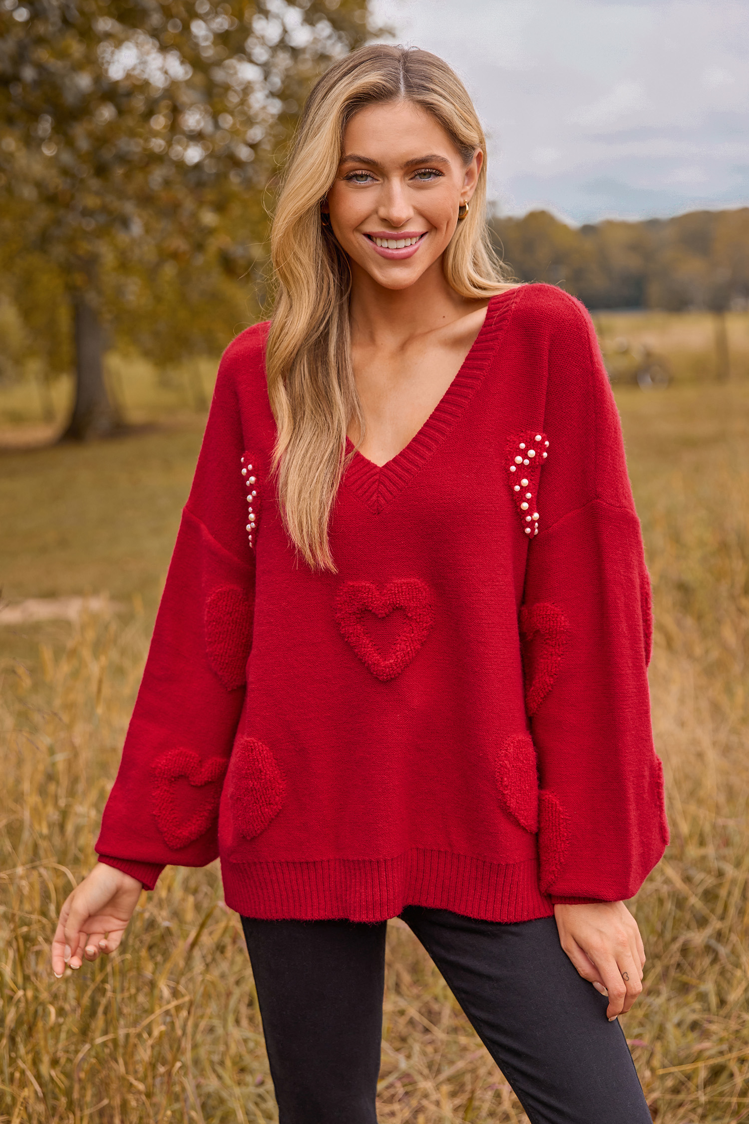 Red Beaded Long Sleeve Sweater