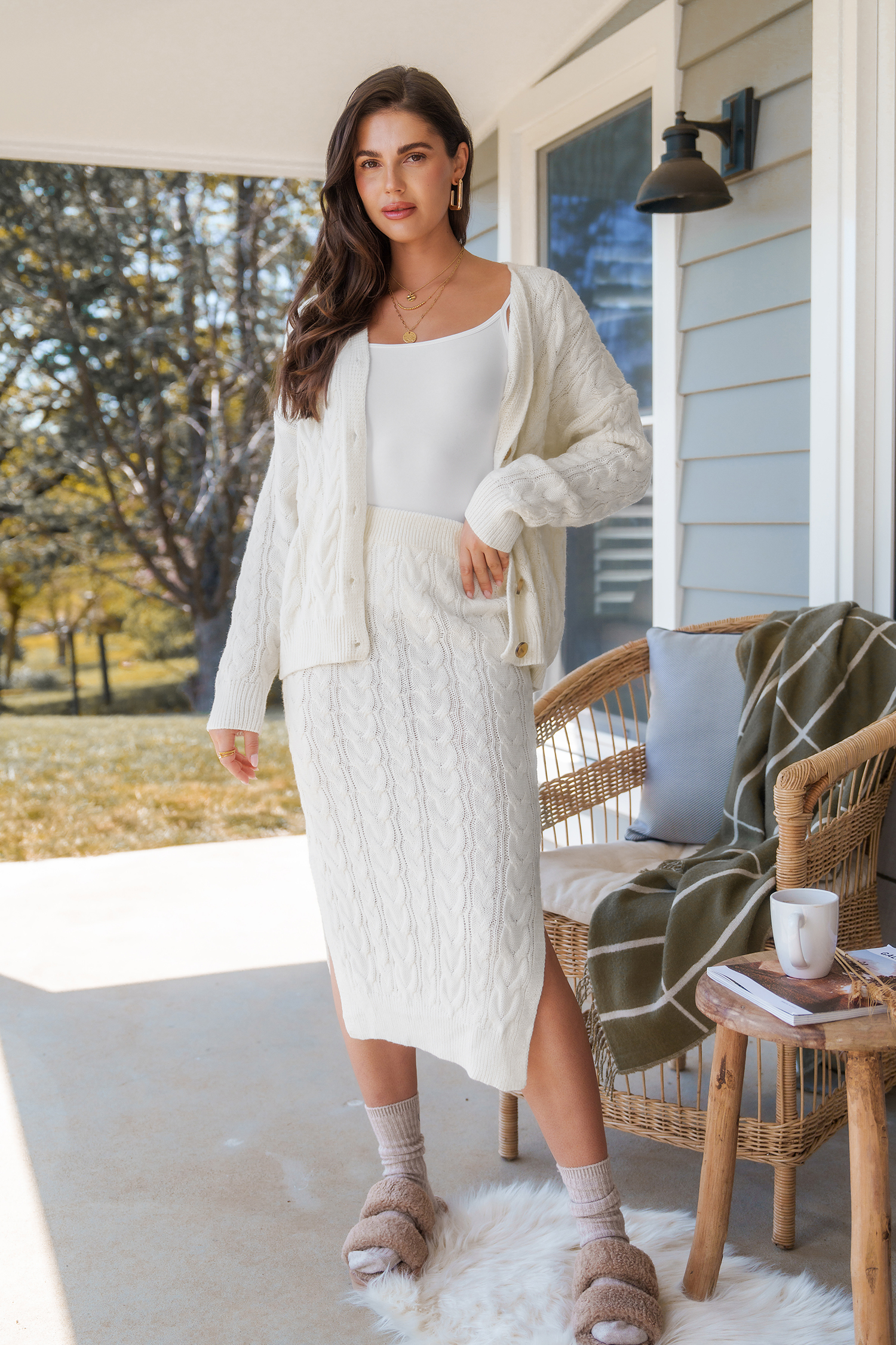 Cupshe White Cable Knit Midi Sweater Skirt In White