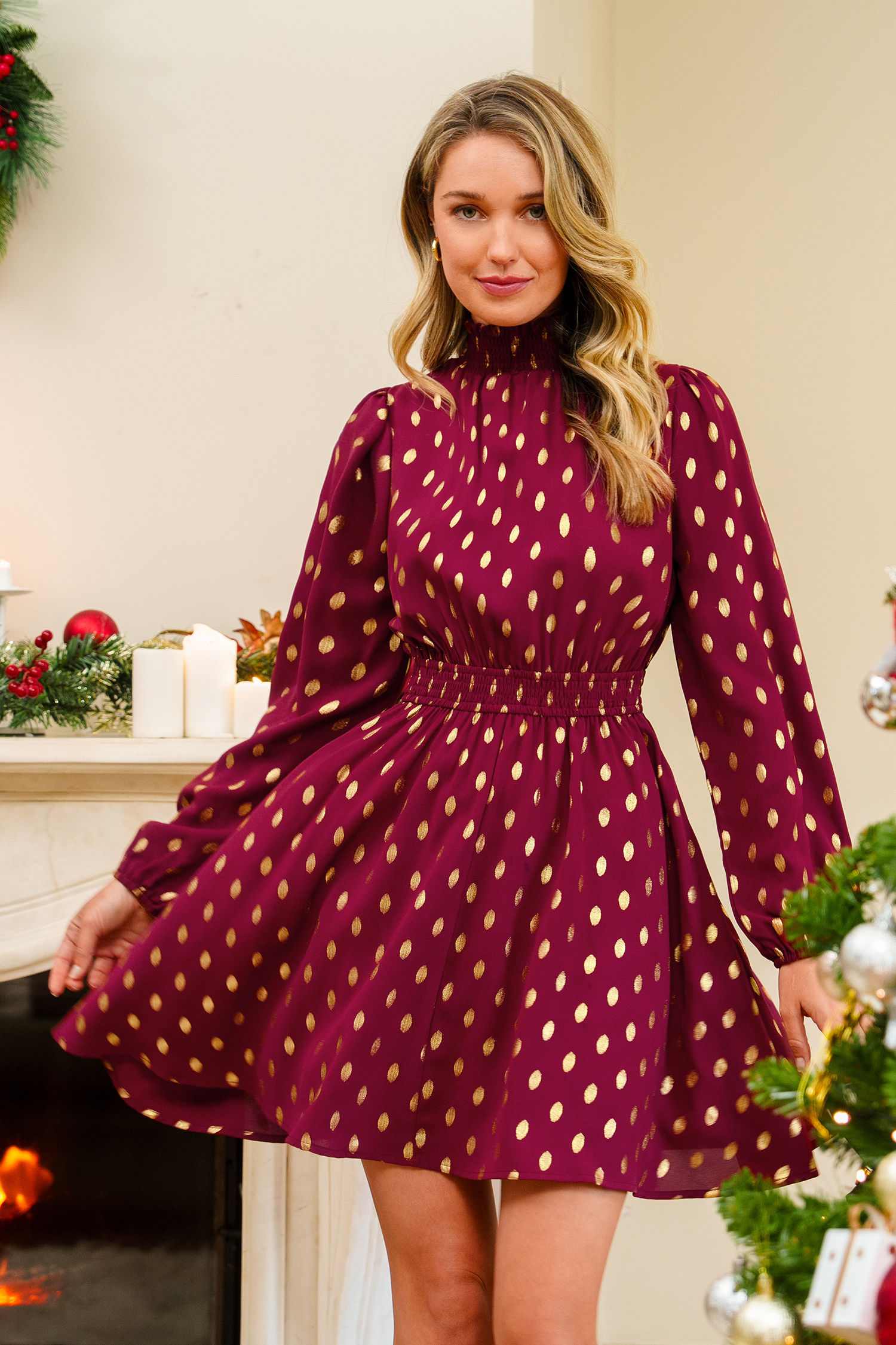 Cupshe Red Dots Standing Collar Long Sleeve Dress