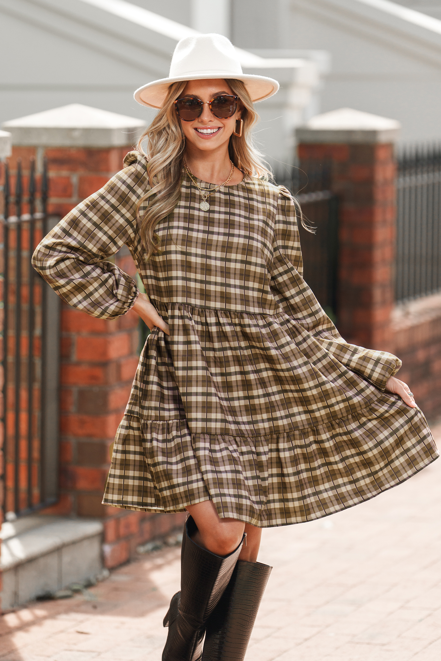 Brown Plaid Round Neck Long Sleeve Mini Dress