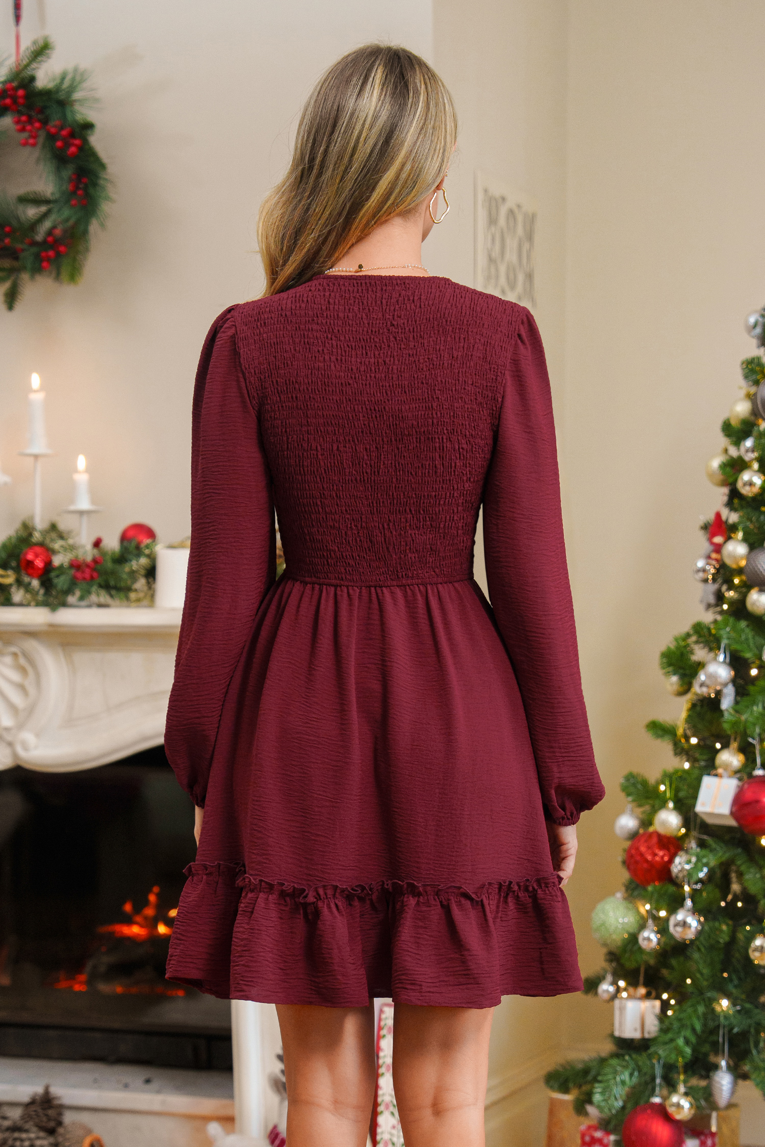 Red V-Neck Puff Sleeve Smocked Mini Dress