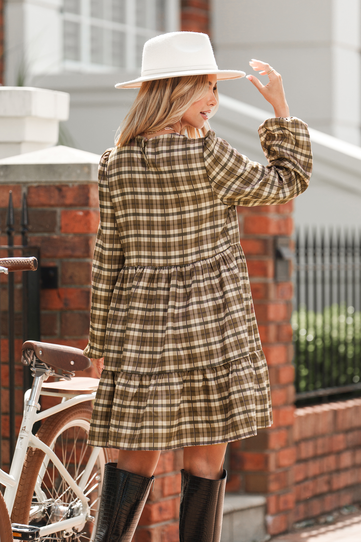 Brown Plaid Round Neck Long Sleeve Mini Dress